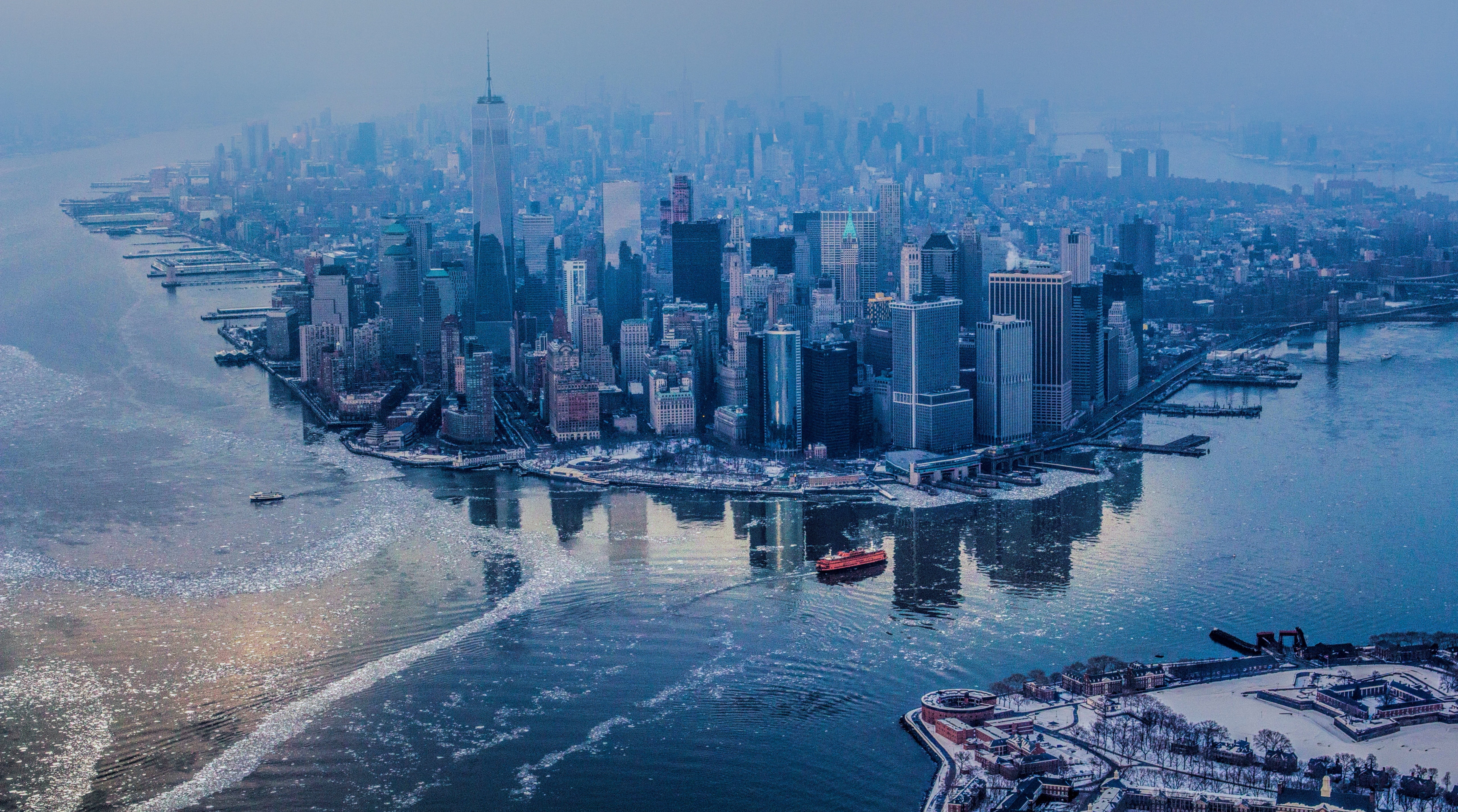 5K, City, skyscraper, urban skyline, building exterior, Skyscrapers, office building exterior, high angle view, rise, view, bay, hudsonriver, New York, HD Wallpaper
