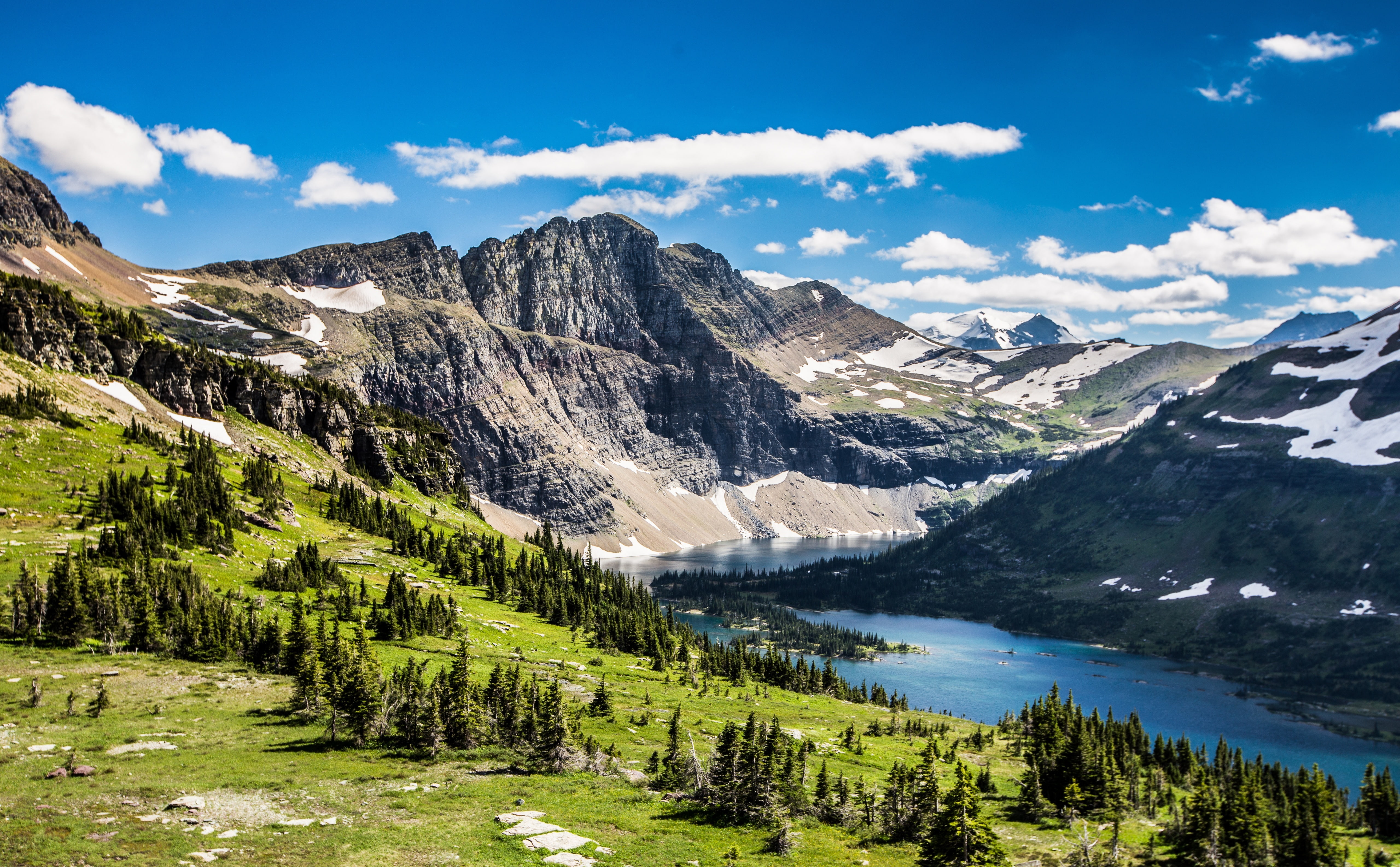 green, water, park, trees, Destination, glaciernationalpark, mountain range, day, United States, remote, Travel, Trip, beauty in nature, tranquility, Scenery, HD Wallpaper