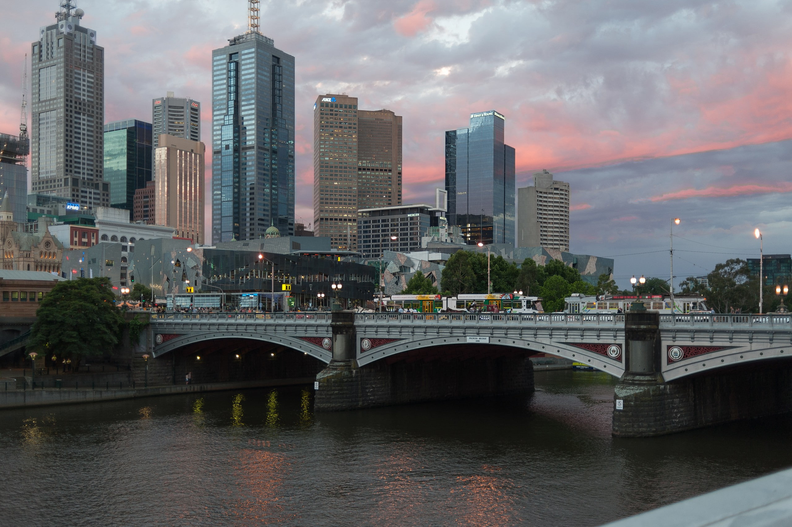 clouds, evening, Australia, transportation, river, bridge, sky, Melbourne, house, skyscraper, 2K, HD Wallpaper
