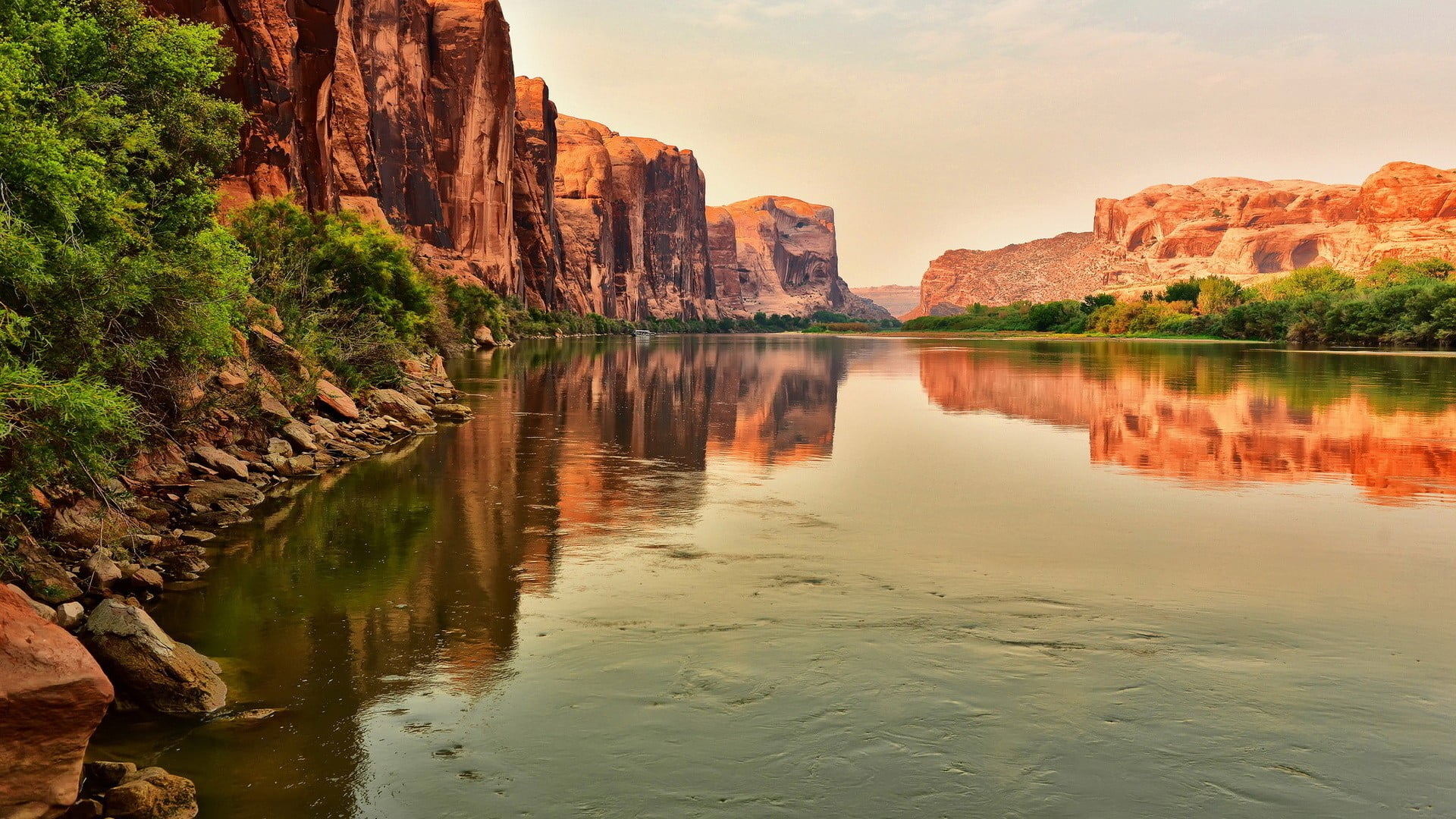 sky, beauty in nature, travel, rock - object, no people, scenics - nature, cliff, sandstone, green, water, reflection, Utah, tranquil scene, nature, eroded, HD Wallpaper