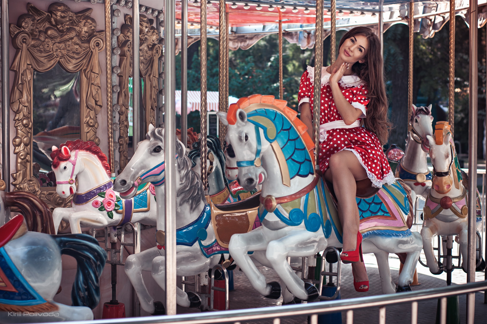 model, beauty, dress, summer, long-haired, light, horses, smile, heels, girl, mirror, 1080P, natural, happy, brown hair, Kirill Polivoda, carousel, Annetta Star, HD Wallpaper