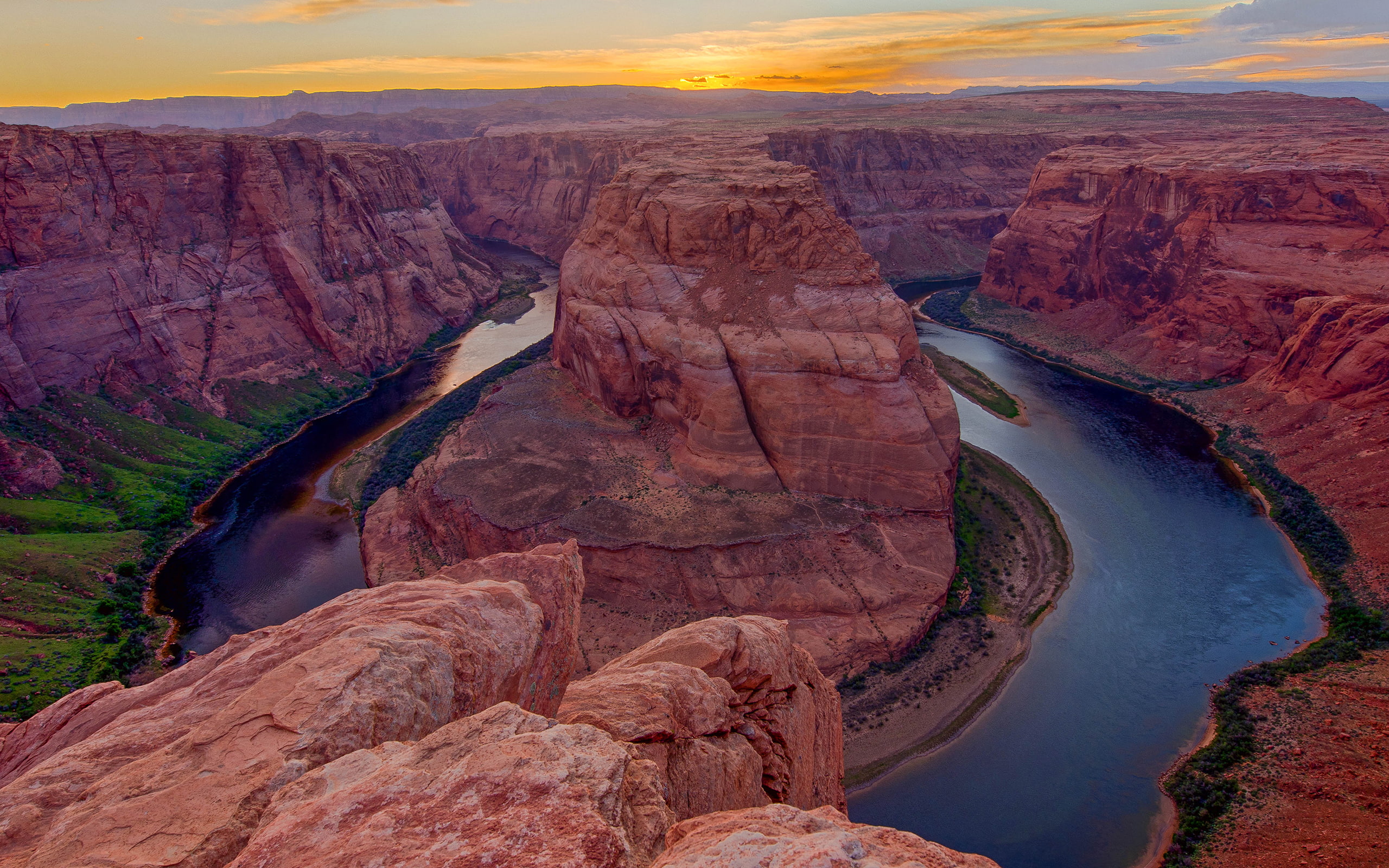 bend, horseshoe, stone, hd, river, sunset, nature, 2K, rock, HD Wallpaper