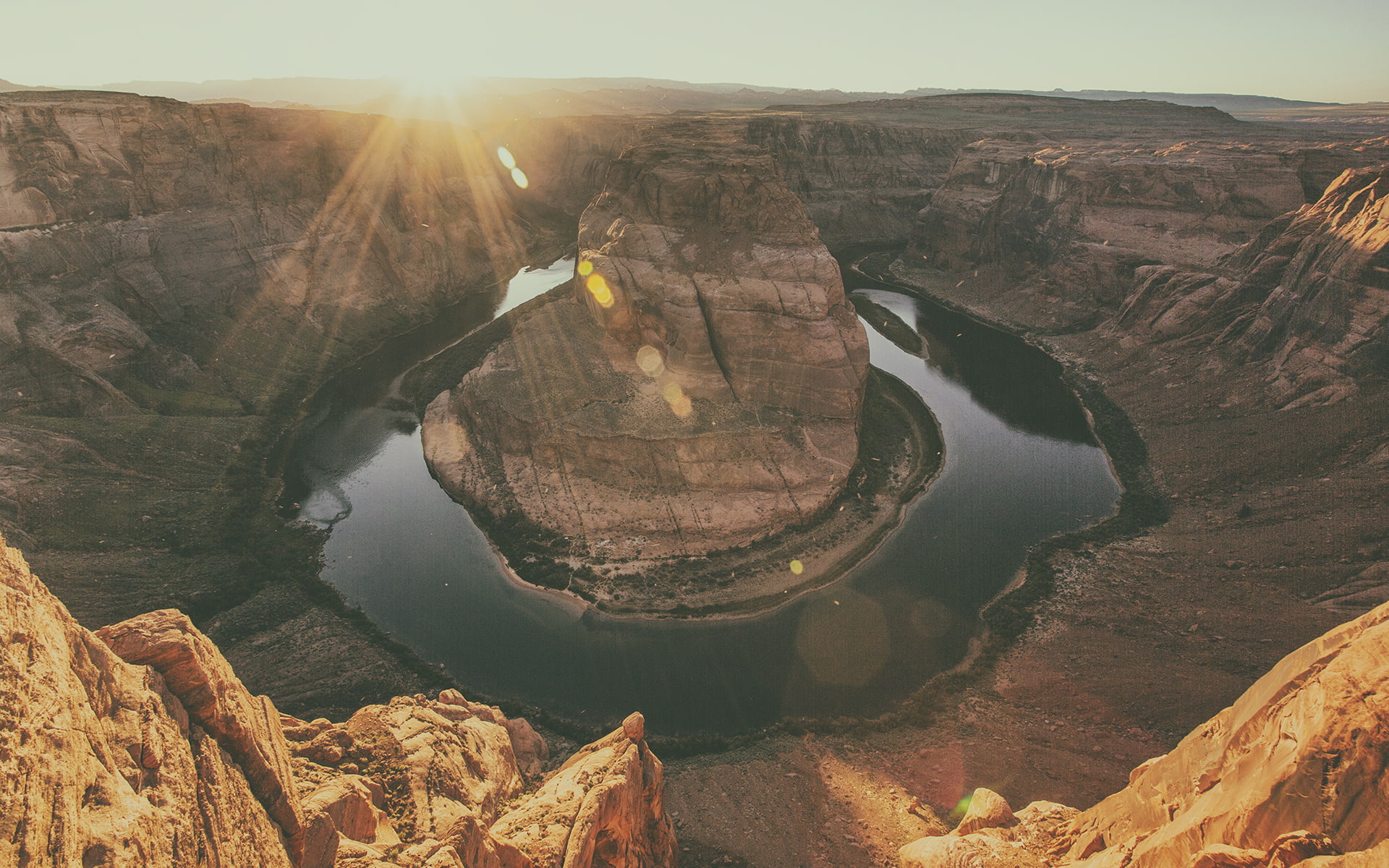 sunset, river, horseshoe, sunlight, stone, 1080P, rock, bend, hd, nature, HD Wallpaper
