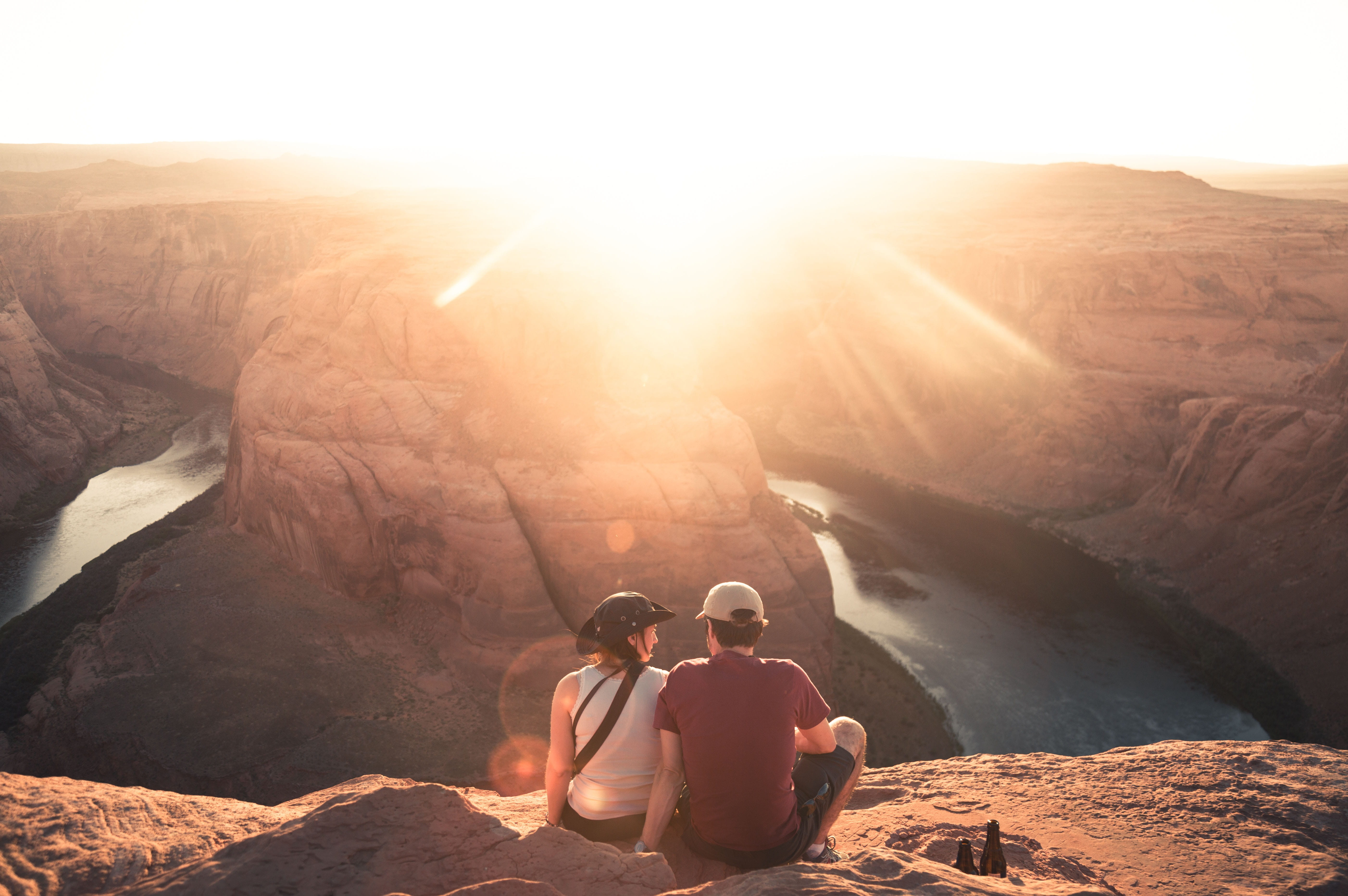 adventure, lens flare, adult, man, girl, rock, rock - object, horseshoe, women, travel, couple - relationship, sun, tumblr, outdoors, nature, HD Wallpaper