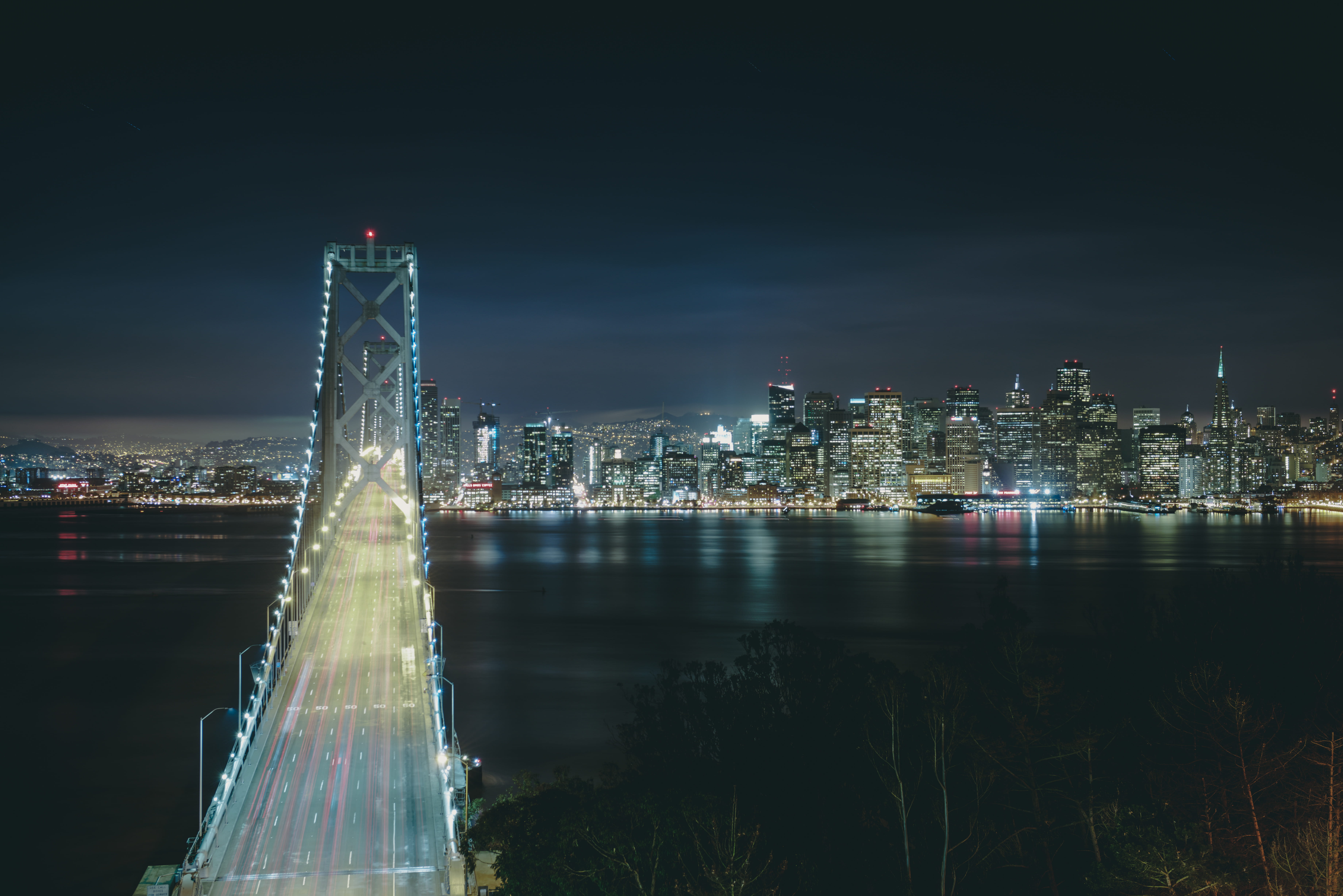 no people, sonyalpha, illuminated, landscape, a7rii, tall - high, bridge, sky, cityscape, skyline, san francisco – oakland bay bridge, sony, built structure, HD Wallpaper