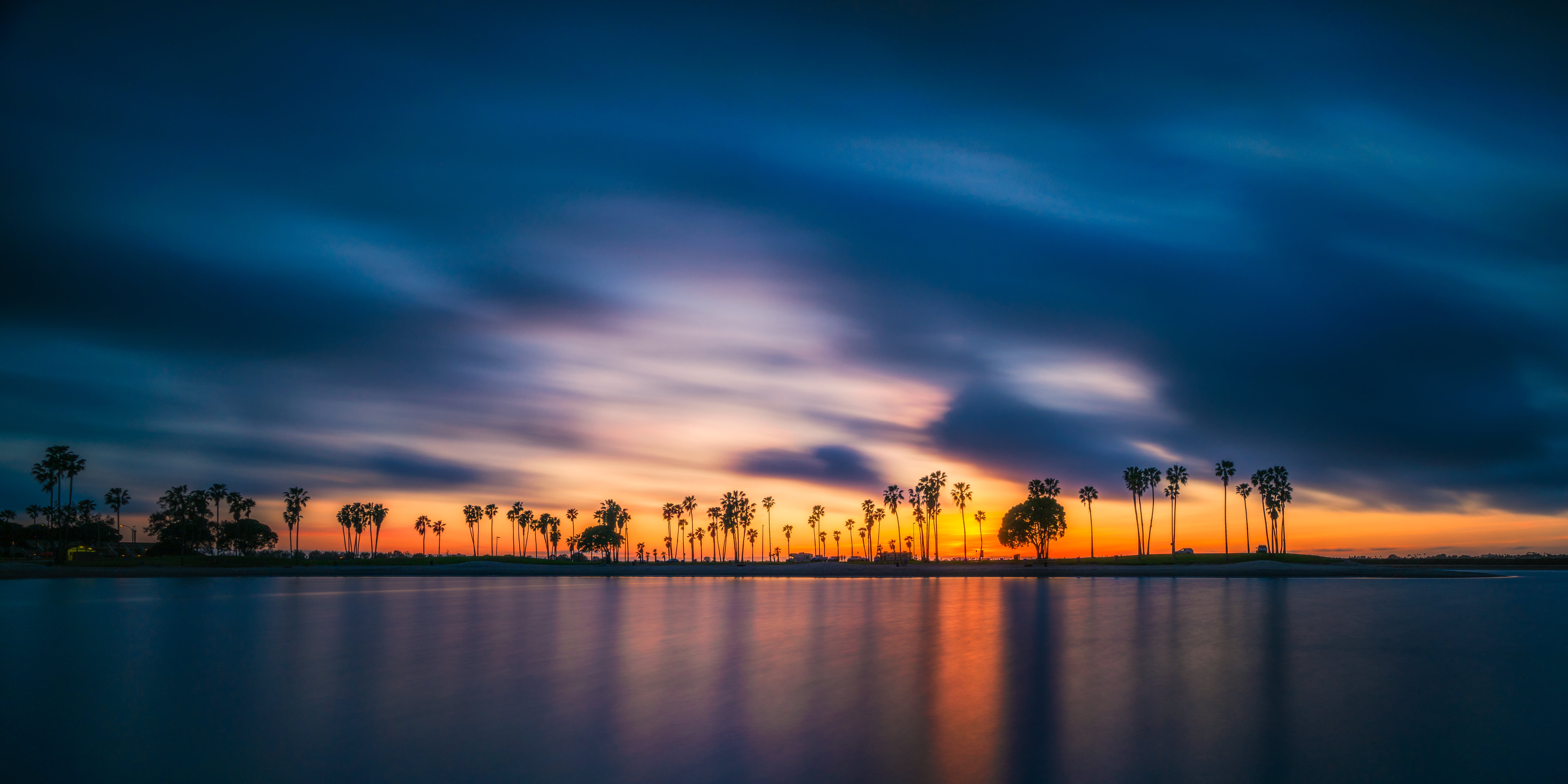 SD, landscape, sea, diego, Palm Tree, photo, Clouds, Palm Trees, Mission Bay, 5K, beach, Cloudy, Bay  Bay, island, near, body, dusk, Long Exposure, reflection, HD Wallpaper