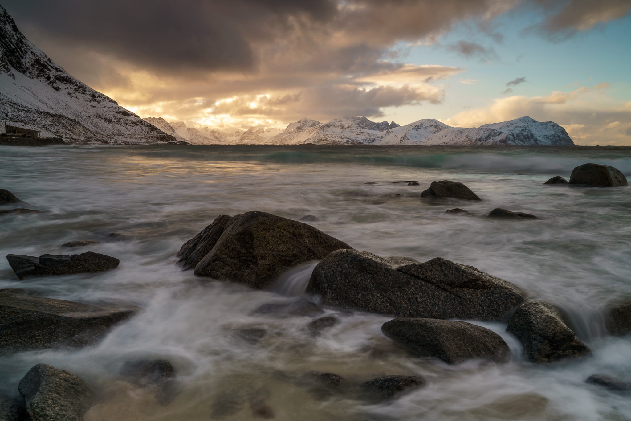 sea waves, Lofoten Islands, sea, Rocks, Sand  Snow, photo, Glow, timelapse, Sony A7rii, mountain, Hut, Vikten, nature, Mountains, outdoors, cloud - Sky, HD Wallpaper