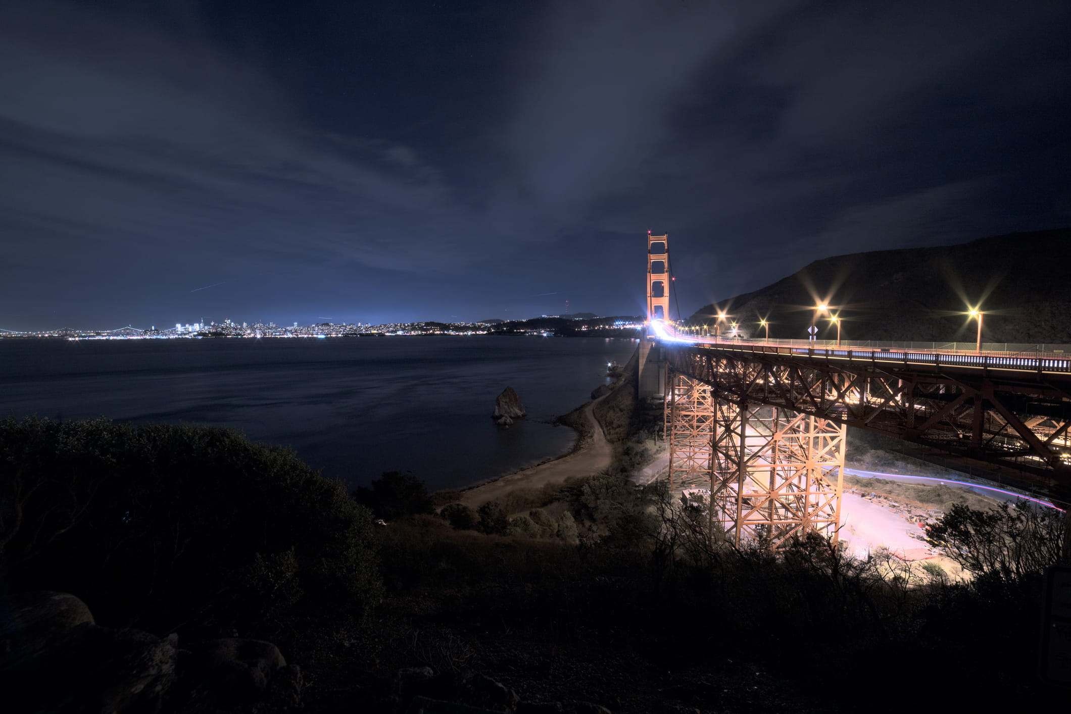 water, night photography, highway, no people, cloud - sky, sea, sky, travel destinations, night, 1080P, united states, bridge - man made structure, roads, HD Wallpaper