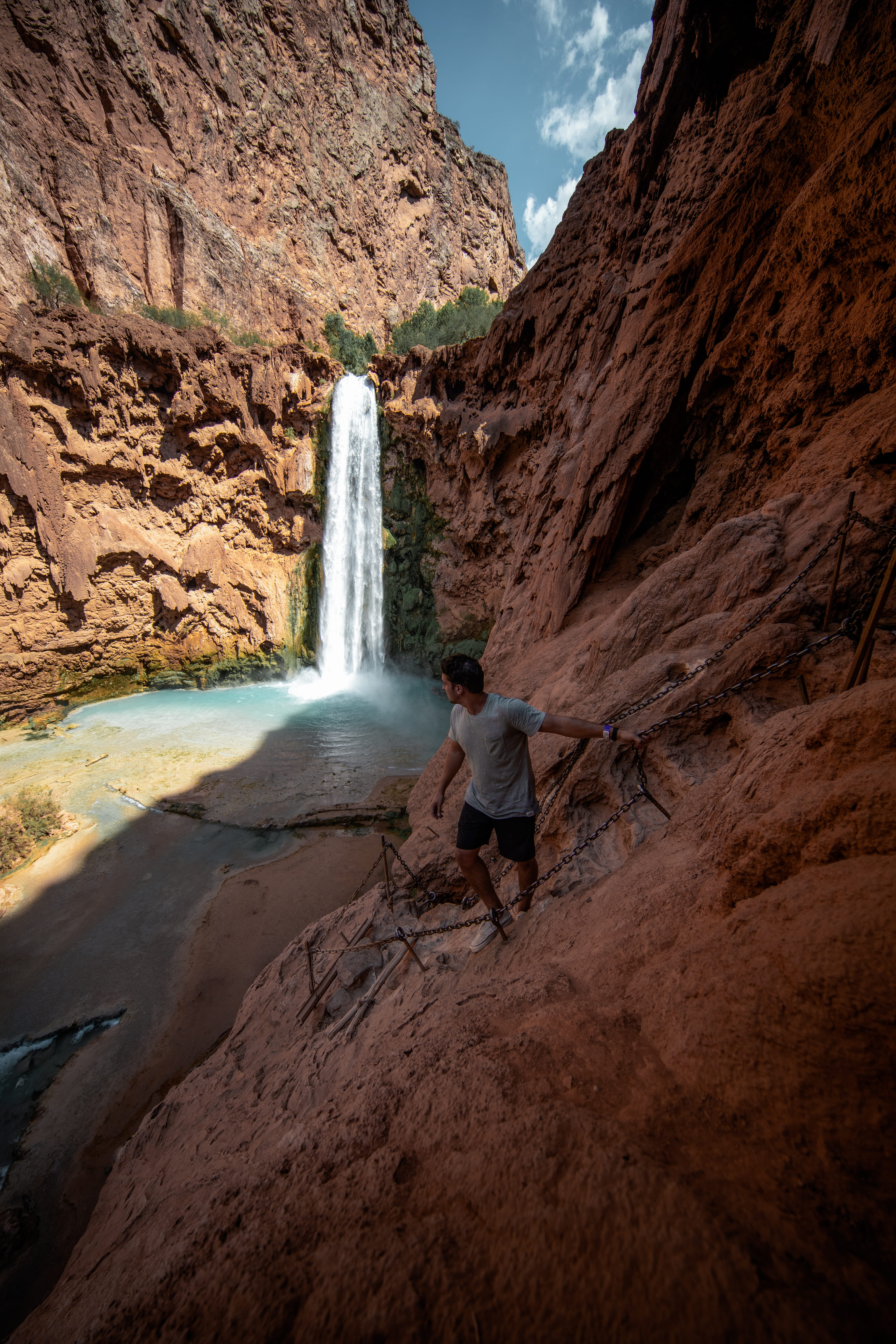 lifestyles, hiking, person, nature, leisure activity, scenics - nature, canyon, cliff, waterfalls, waterfall, motion, leisure activities, water, people, Phone HD Wallpaper
