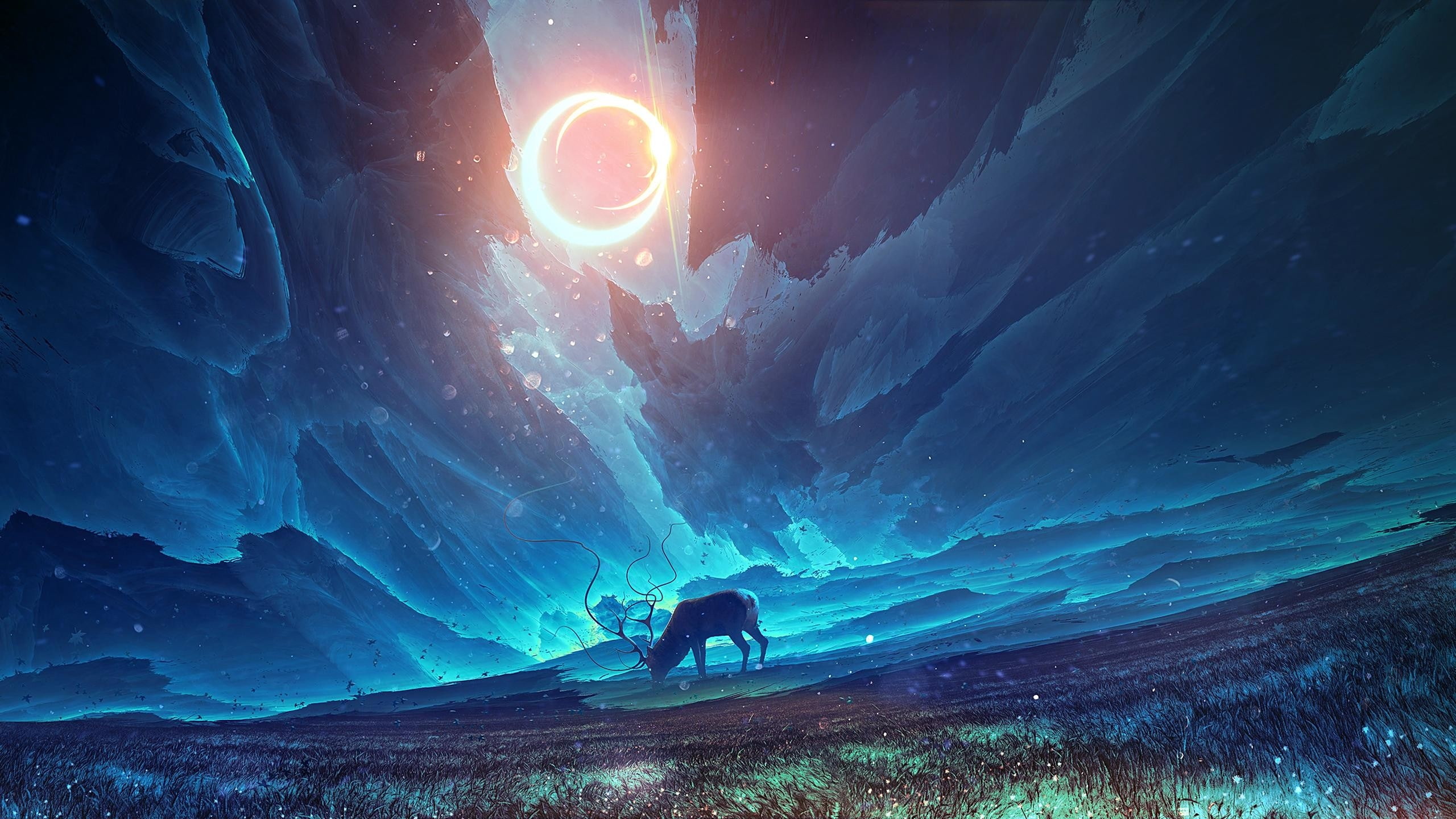 field, fantasy world, light, deer, 2K, surreal, magic, Fantasy, HD Wallpaper