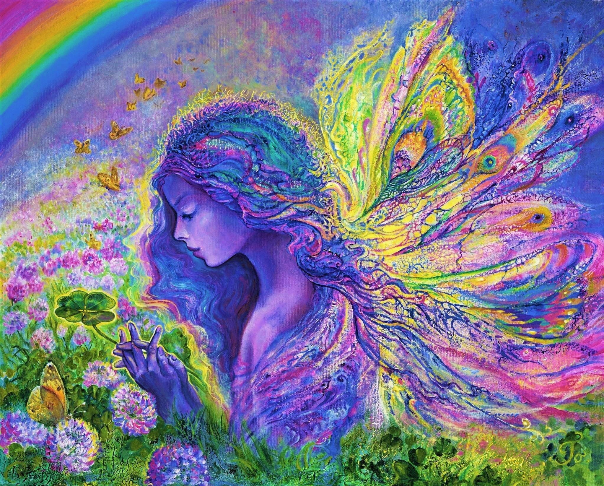 1080P, images, canvas, painting, wings, Josephine Wall, Fairy Rainbow, clover, picture, surrealism, bright colors, flowers, butterfly, fantasy world, spring, HD Wallpaper