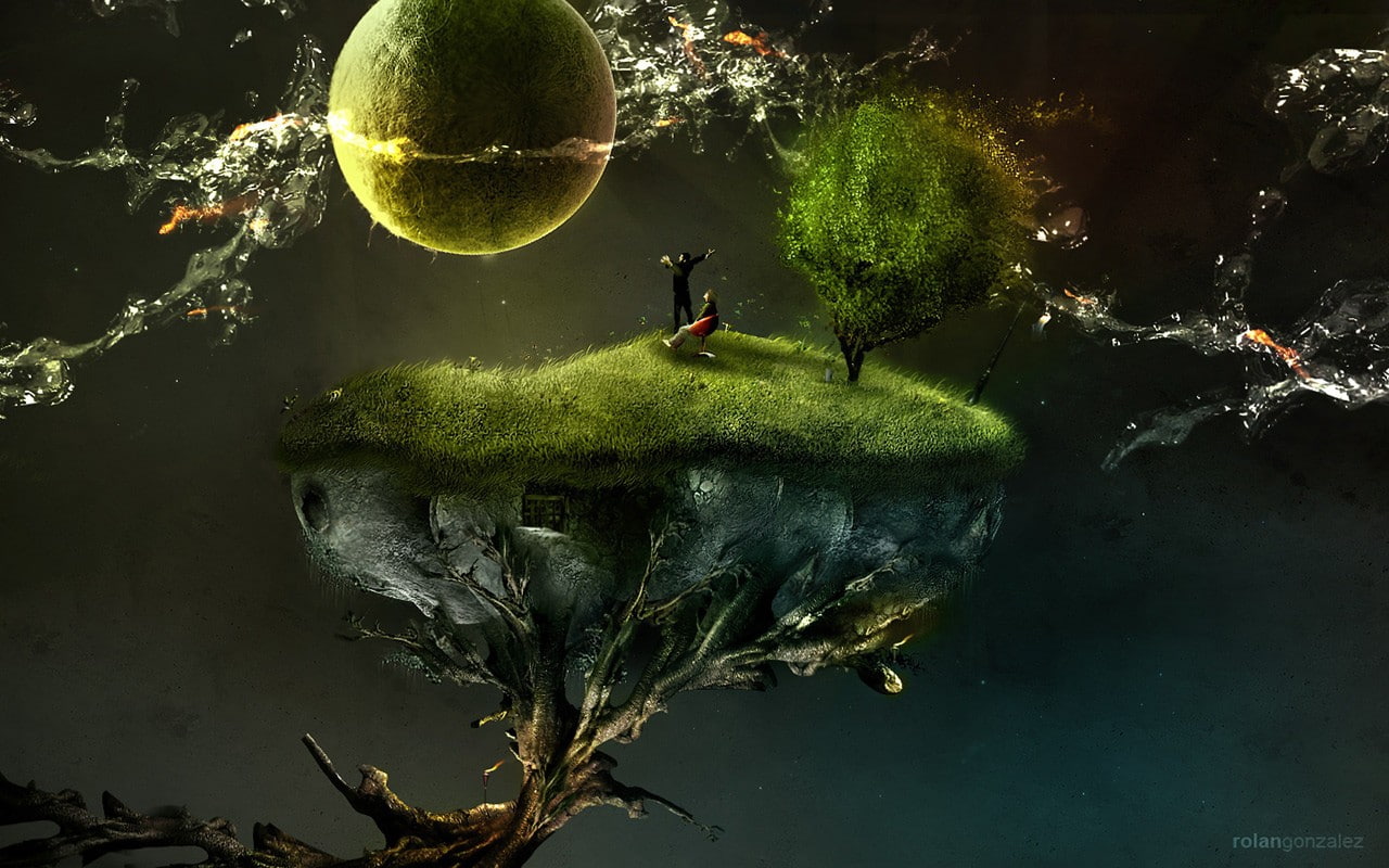 hd, science, Abstract, x, people, space, art, trees, 720P, Green, fiction, planets, world, islands, surreal, HD Wallpaper