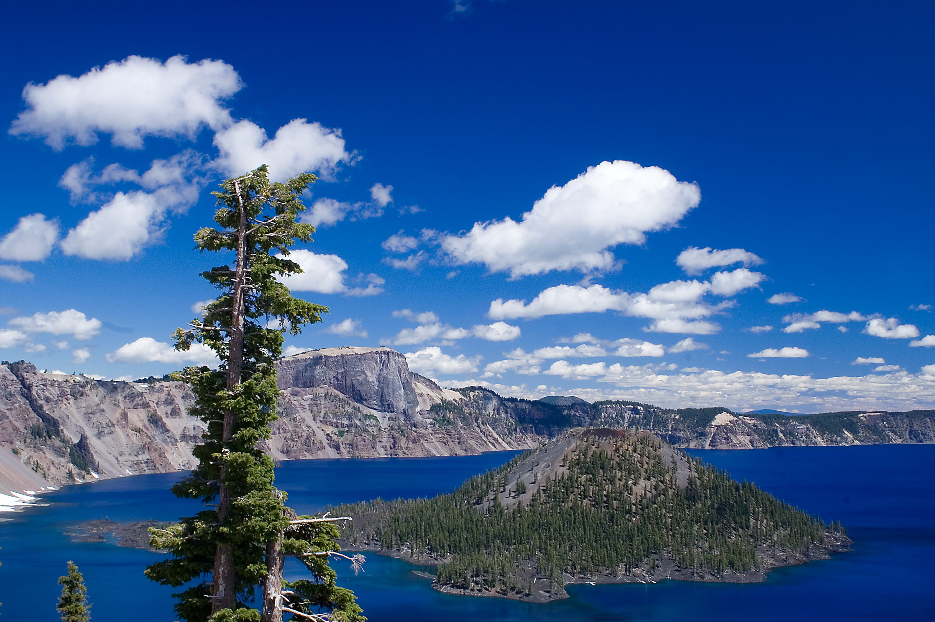 nature, lake, island, 2K, landscape, Crater Lake  Oregon, blue, Lake  island, water, daytime, mountain, Summer, creativecommons, outdoors, scenics, HD Wallpaper