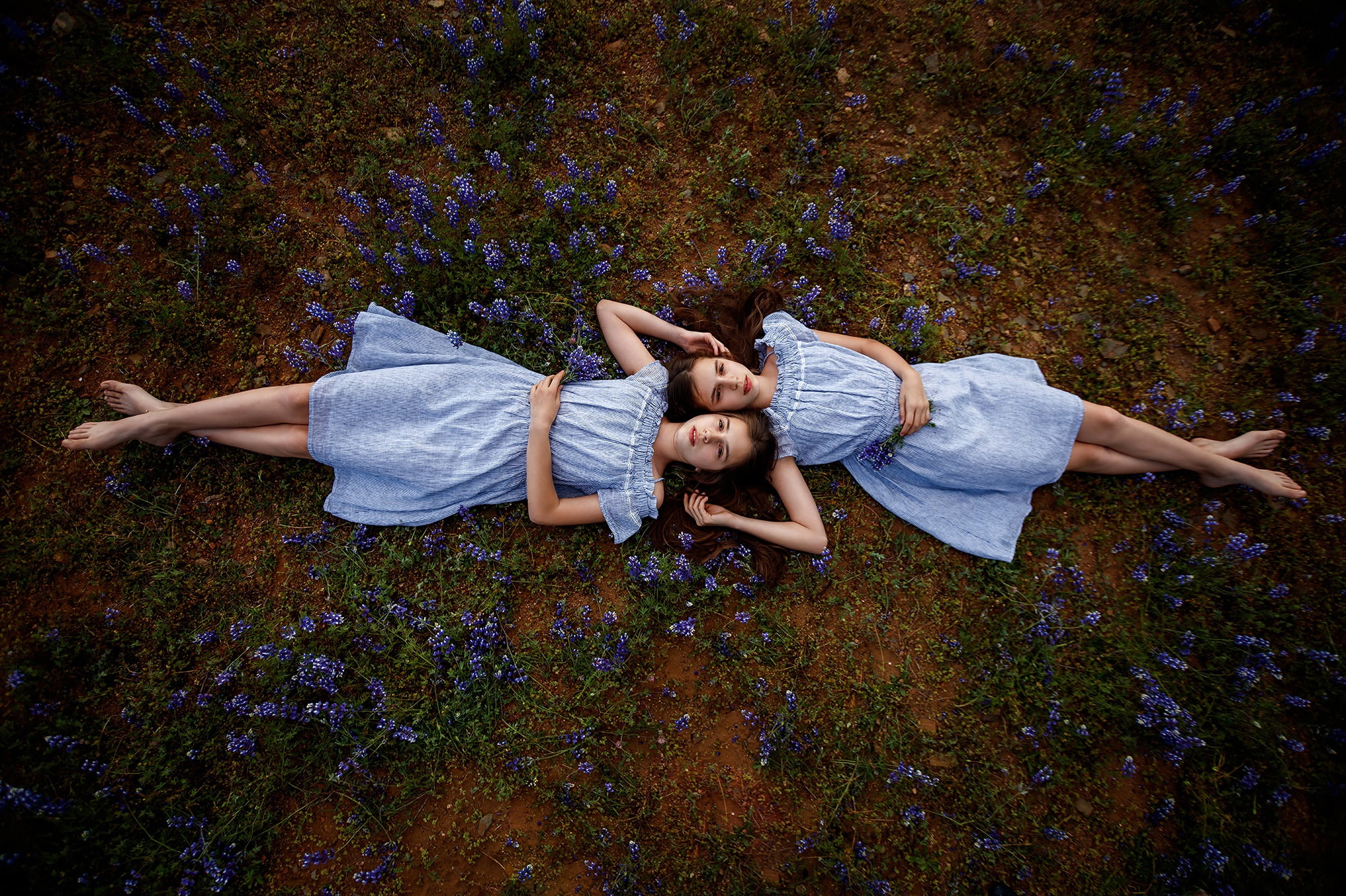 two, flowers, 1080P, lie, sisters, barefoot, on earth, dresses, Sergey Bidun, brown-haired women, girls, HD Wallpaper