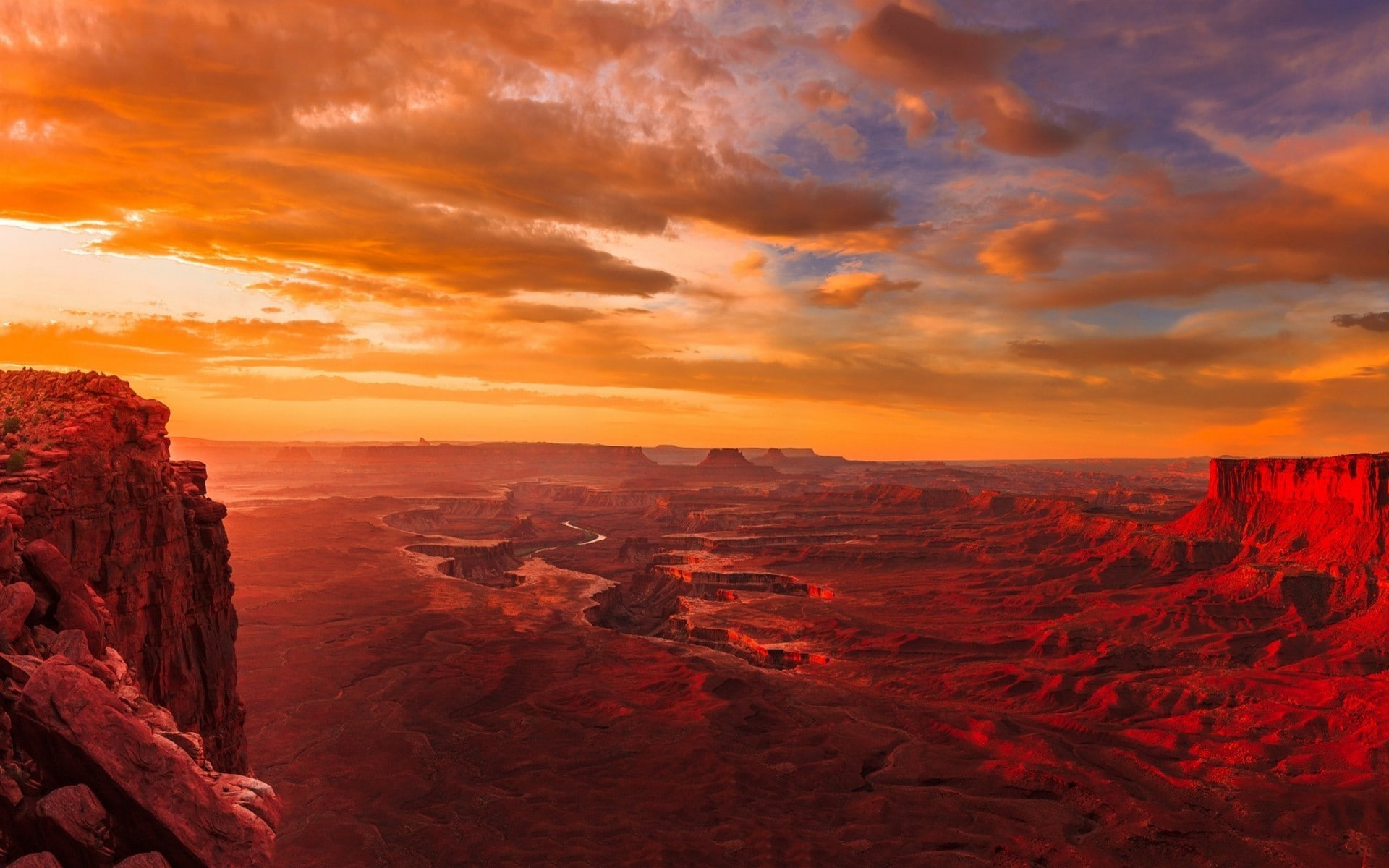 1080P, travel, landscape nature sunset utah canyonlands national park river clouds erosion red gold panoramas, dramatic landscape, nature, arid climate, HD Wallpaper