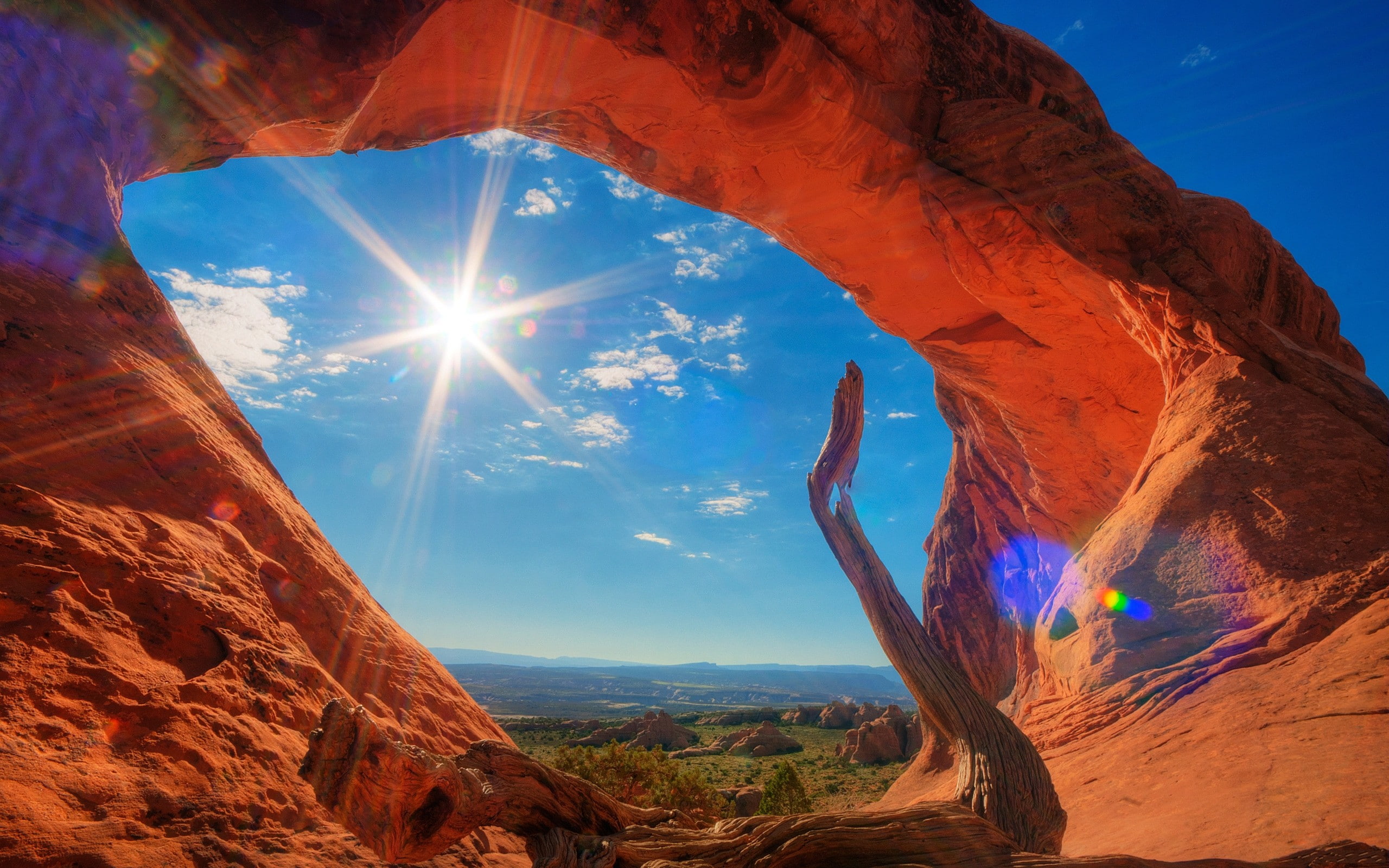 arch, formations, mountains, deserts, sun, landscapes, nature, sunlight, skyscapes, flare, 2K, utah, rock, mesa, HD Wallpaper