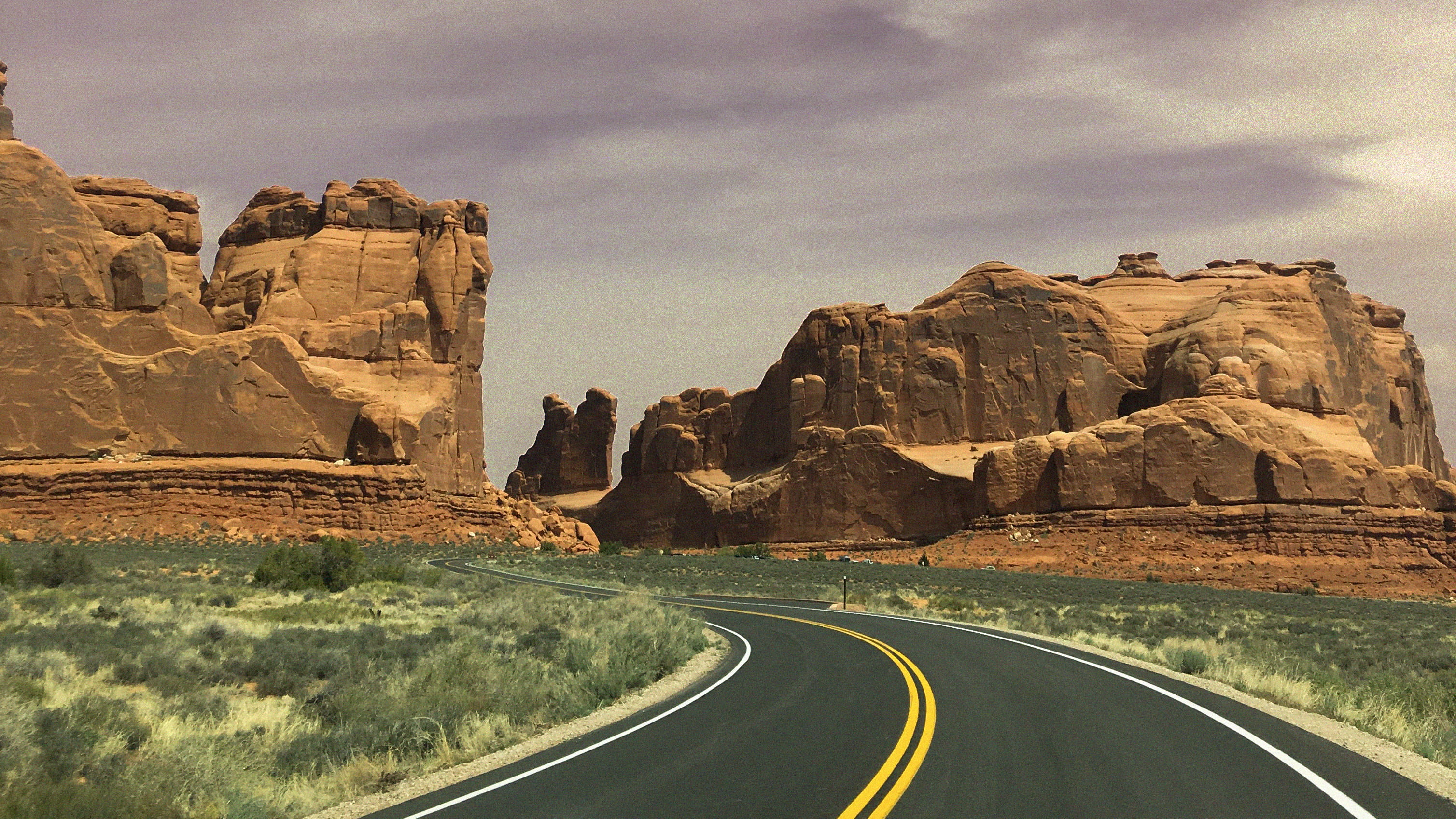 travel destinations, 2K, sky, rock formation, rock - object, cloud - sky, mountain, rock, asphalt, arid climate, road, highway, route, solid, formation, HD Wallpaper