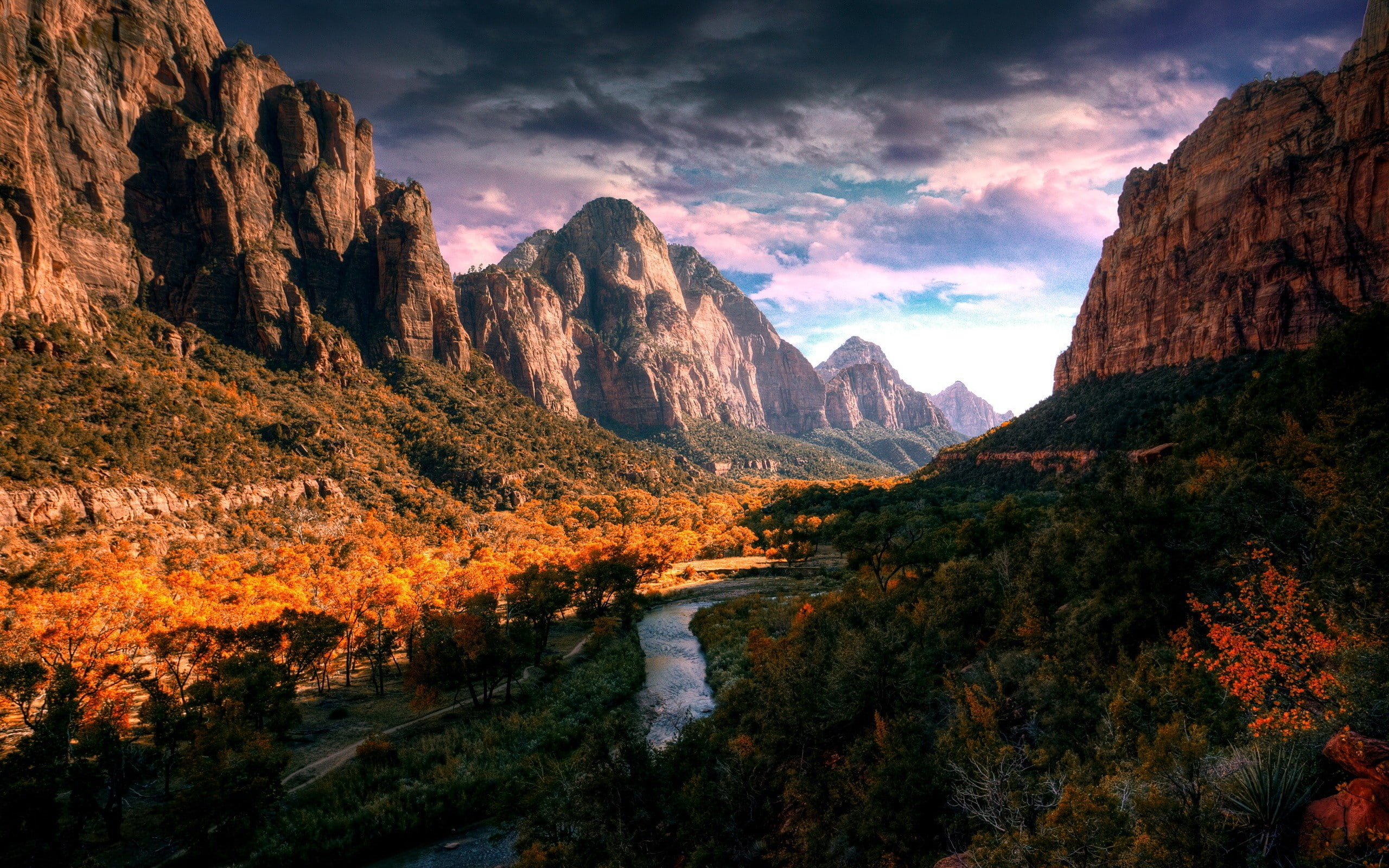 river, Utah, landscape, nature, 2K, Zion National Park, mountains, HD Wallpaper