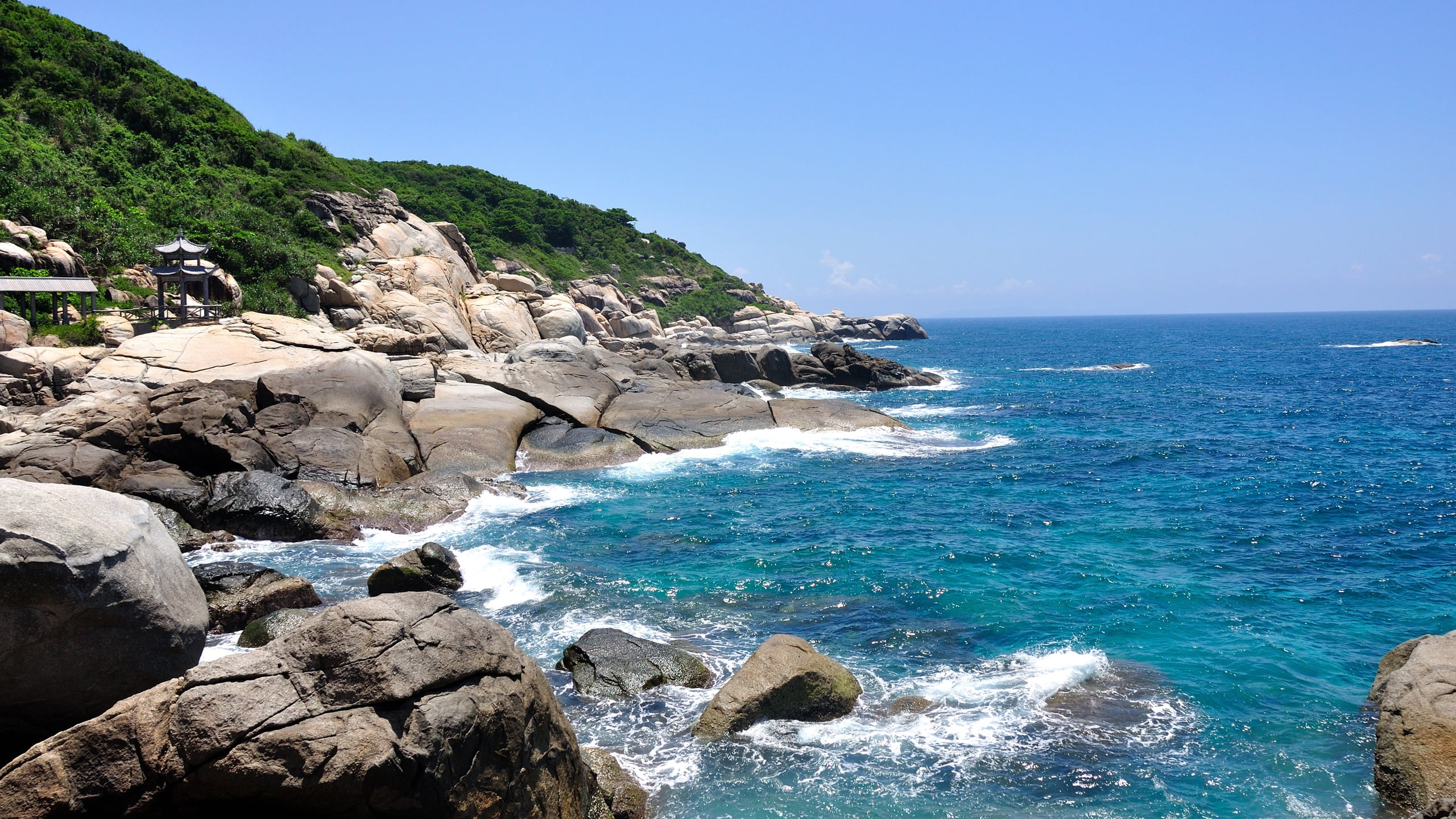 solid, nature, tourism, scenics, stone, landscape, beauty in nature, clear sky, turquoise colored, sea, outdoors, wave, motion, coastline, travel, horizon over water, HD Wallpaper