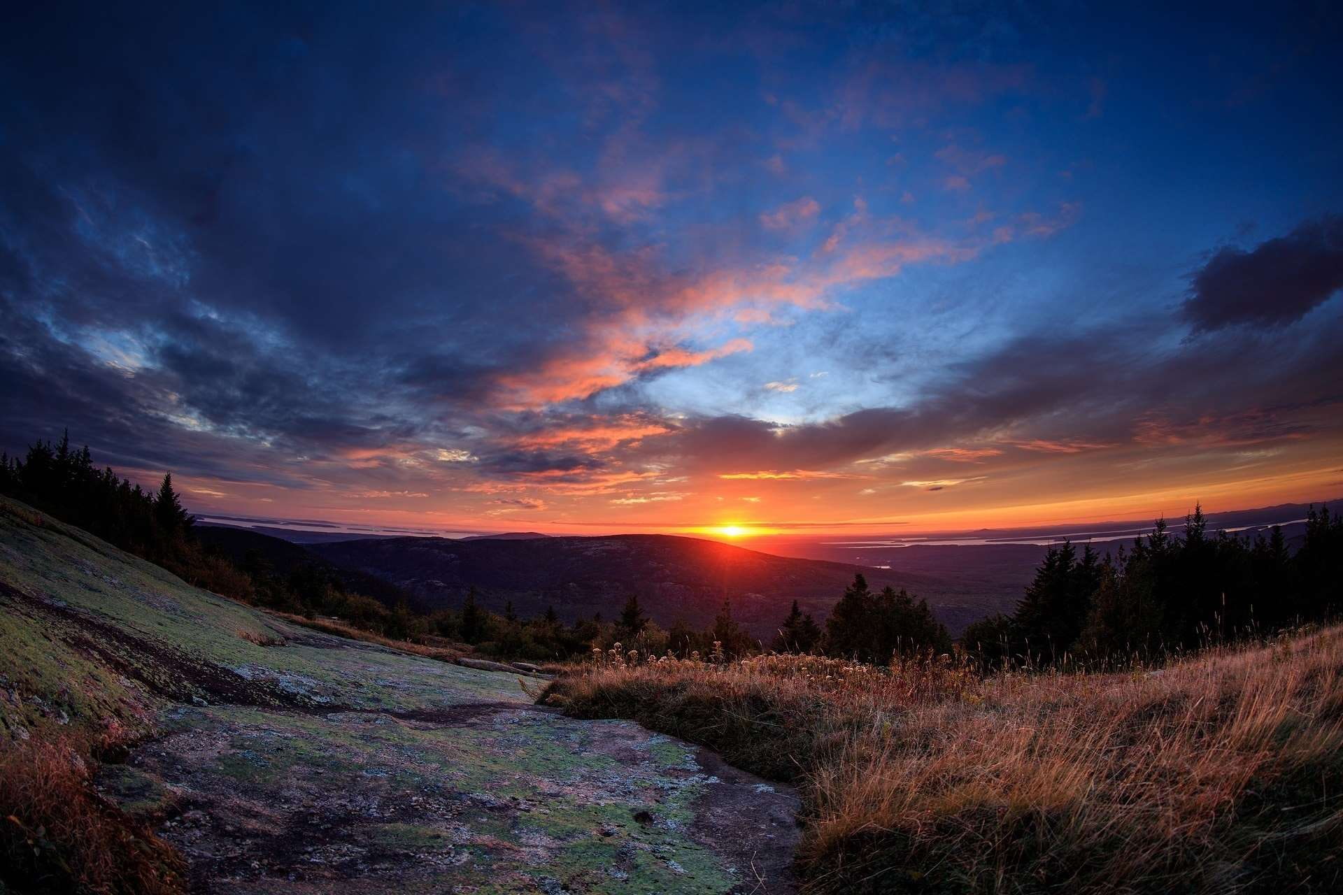 non-urban scene, blue hill overlook, trees, land, environment, dusk, scenery, field, maine, sky, acadia national park, scenics - nature, twilight, scenic, HD Wallpaper