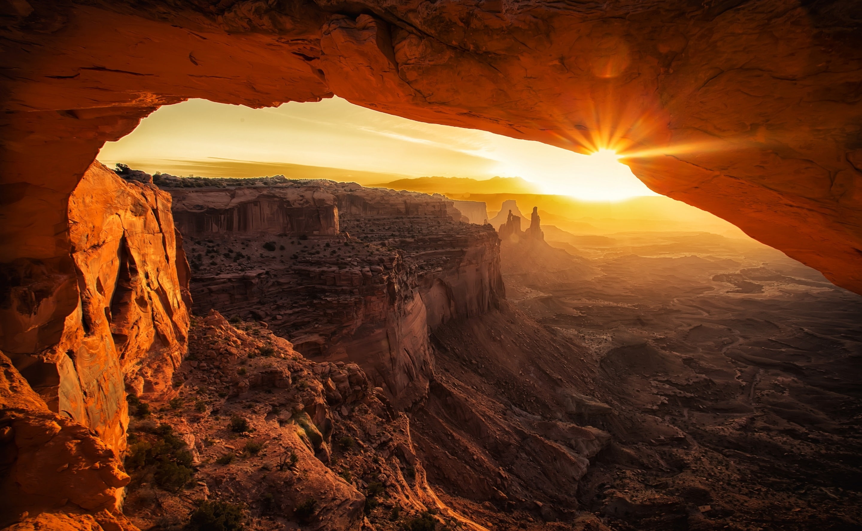 no people, idyllic, cave, canyon, geology, outdoors, Nature, rock - object, brown, Desert, sky, climate, sun, sunlight, scenics - nature, travel destinations, HD Wallpaper