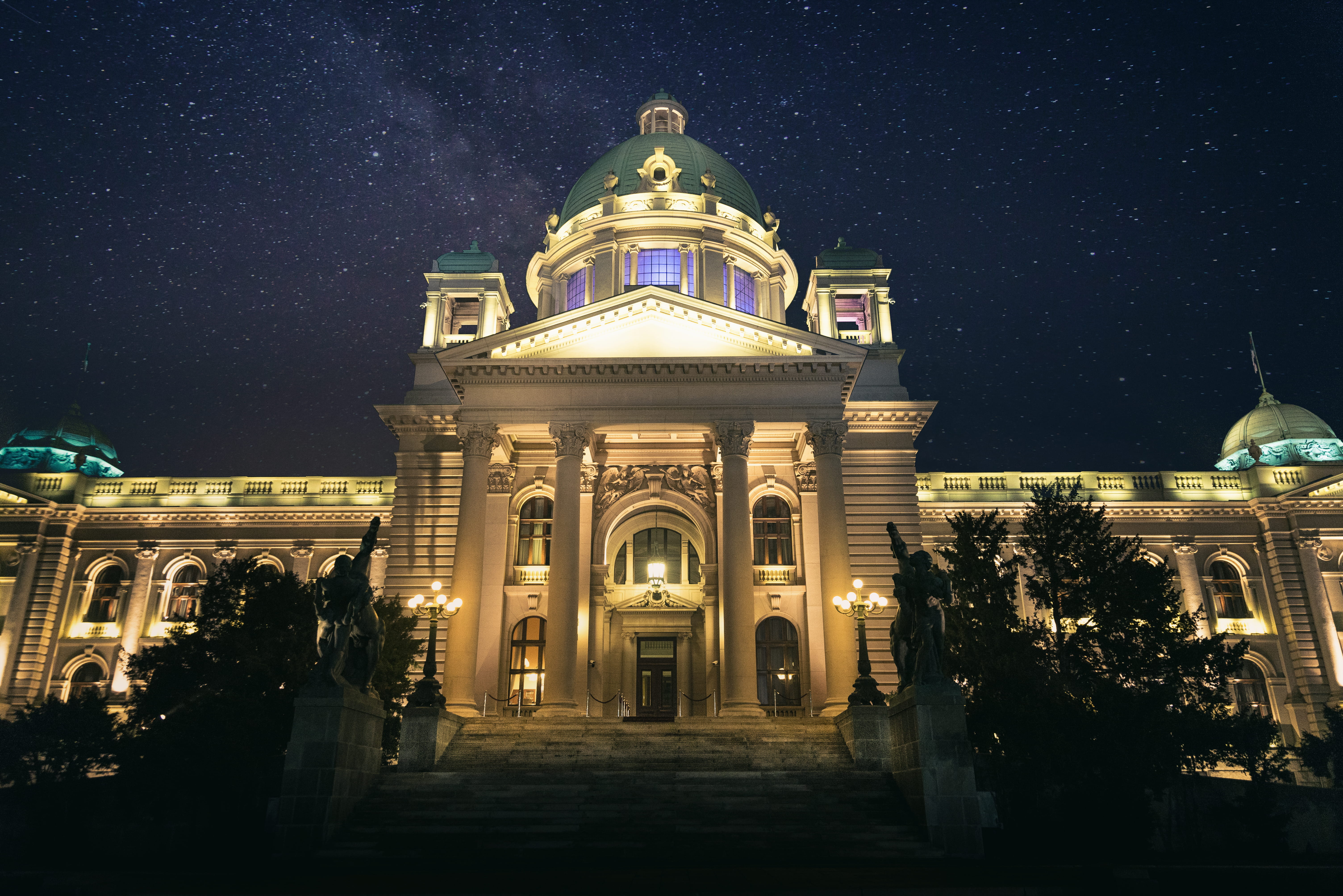 outdoors, no people, built structure, nature, sky, parlament, 5K, star field, star, star - space, ornate, serbia, tree, astronomy, building exterior, illuminated, HD Wallpaper