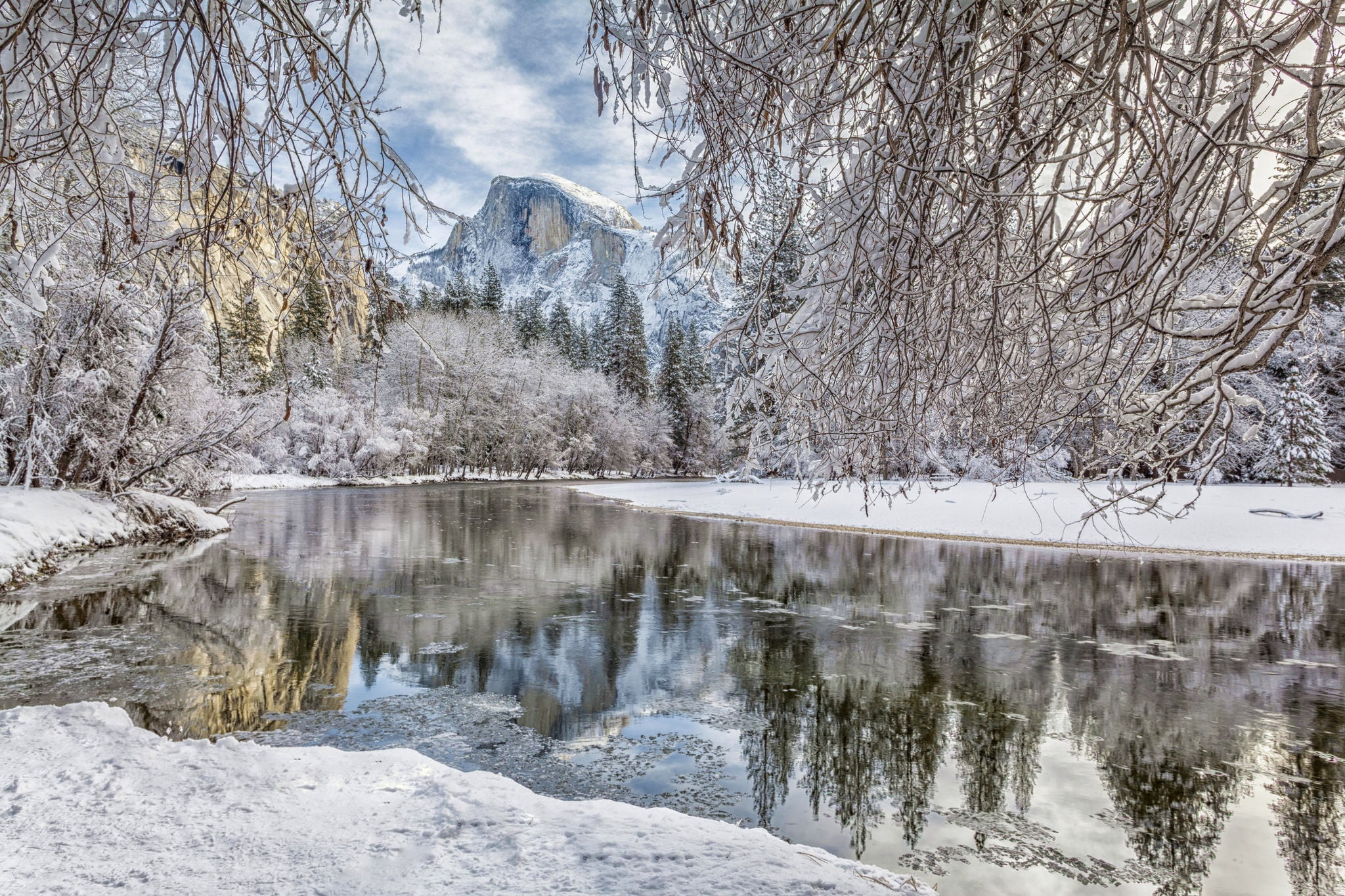 bare tree, lake, Half Dome, 1080P, tree, reflection, day, Merced River, winter, California, outdoors, scenics - nature, snow, CA, no people, branches, HD Wallpaper