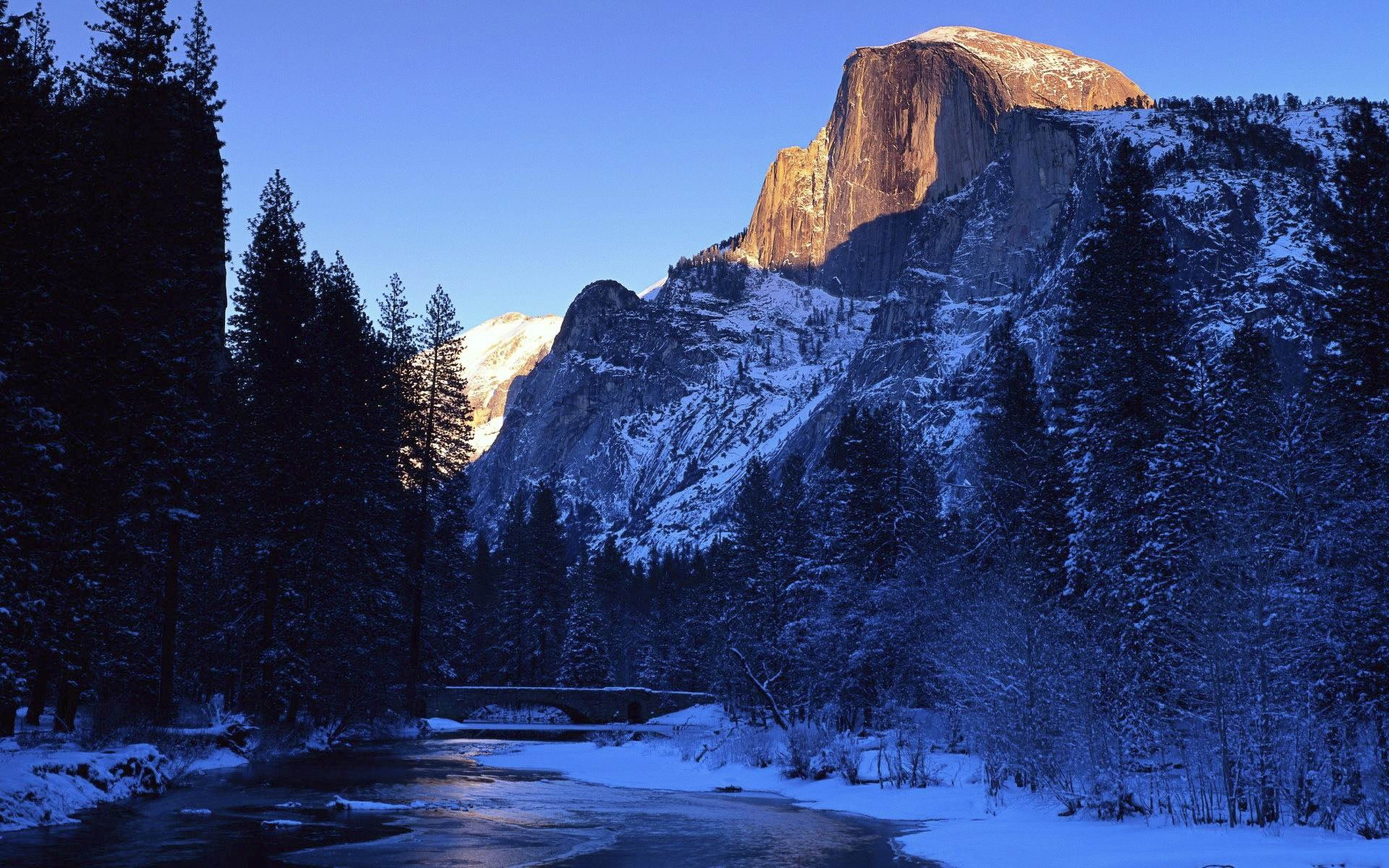 river, tranquil scene, mountain, cold temperature, frozen, non-urban scene, nature, snow, woodland, hd, snowcapped mountain, merced, pine tree, national, HD Wallpaper