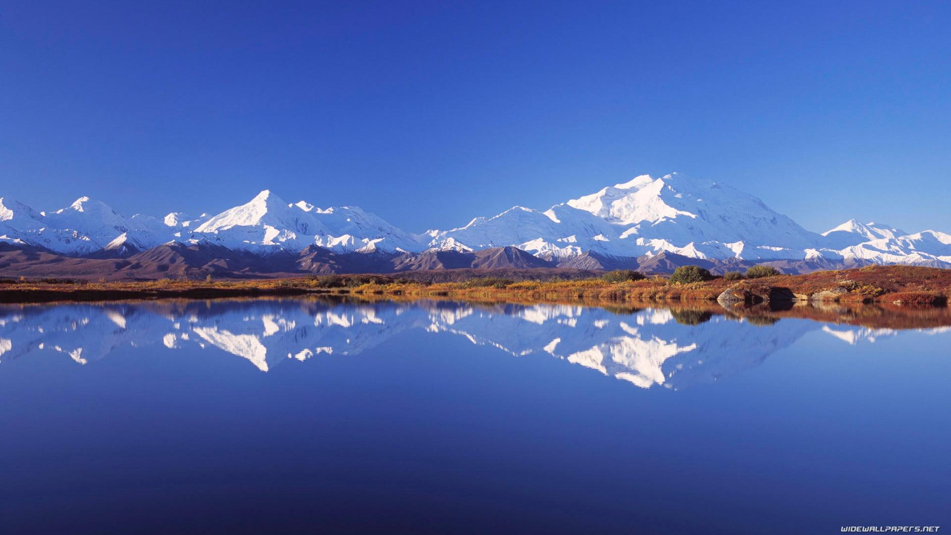 grassy shore, lake, 3d and abstract, snow, distant, mountains, 1080P, HD Wallpaper