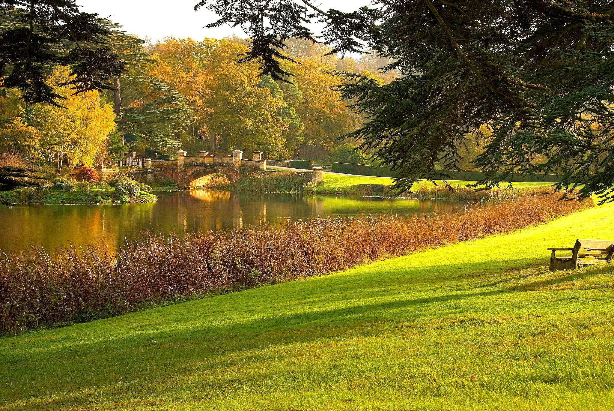 lake, road, shop, landscape, grassy, bridge, autumn, 1080P, green, pictures, trees, hd, lakes, park, HD Wallpaper