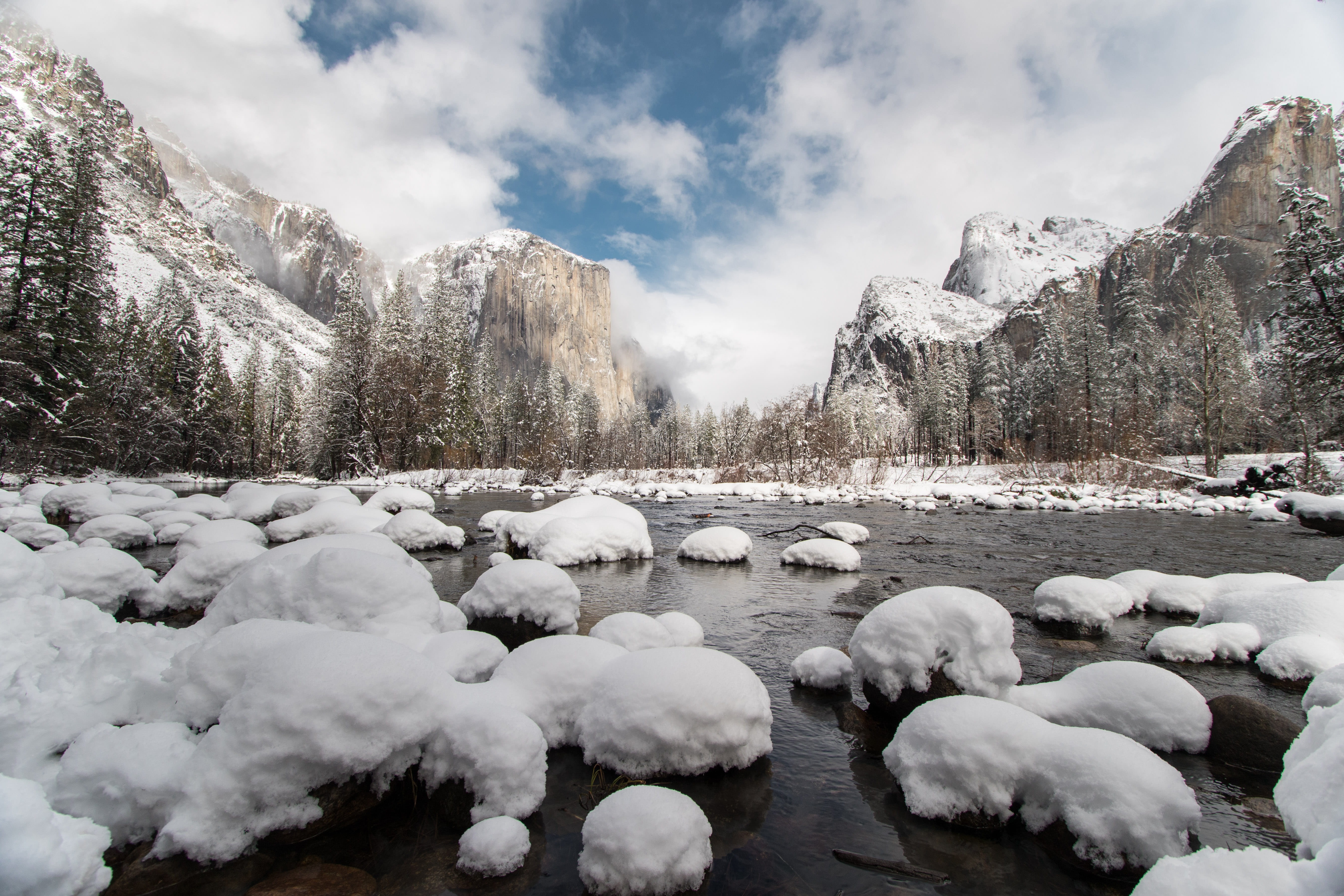 scenics - nature, cold temperature, rock, daytime, solid, yosemite, merced, water, tree, landscape, coniferous tree, no people, stones, nature, cold, scenery, HD Wallpaper