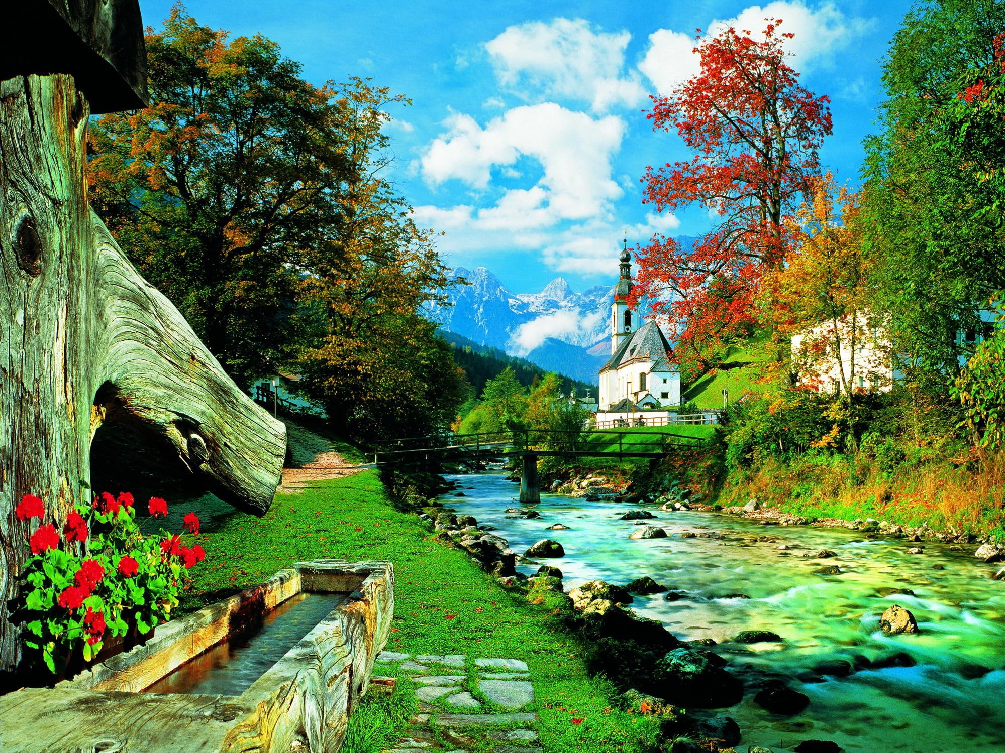 place, stones, shore, church, trees, calm, beautiful, riverbank, 1080P, flowers, lovely, rocks, countryside, village, nice, HD Wallpaper