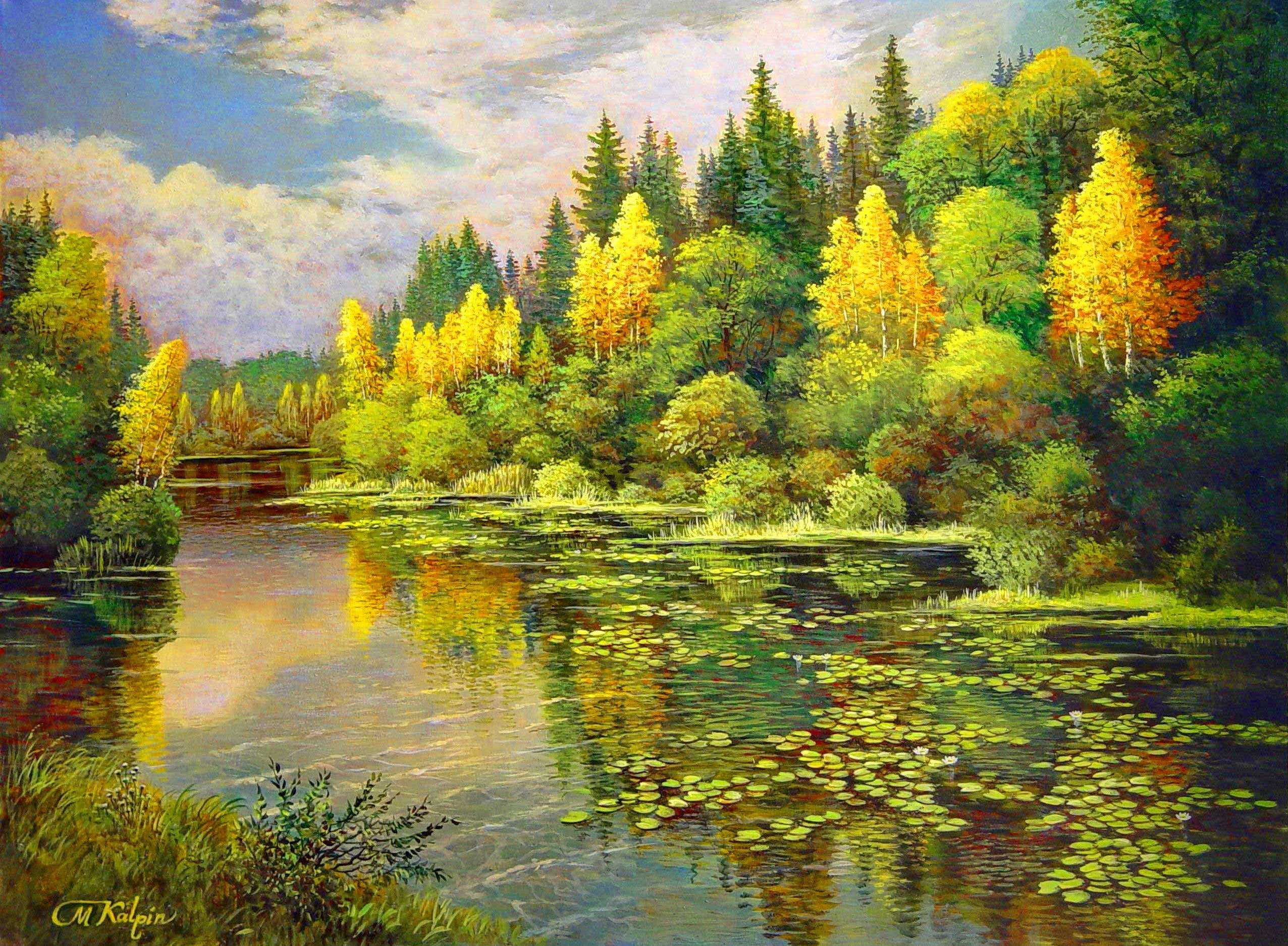 clouds, lake, painting, autumn, river, riverbank, forest, lovely, nice, 1080P, view, mirrored, trees, beginning, HD Wallpaper