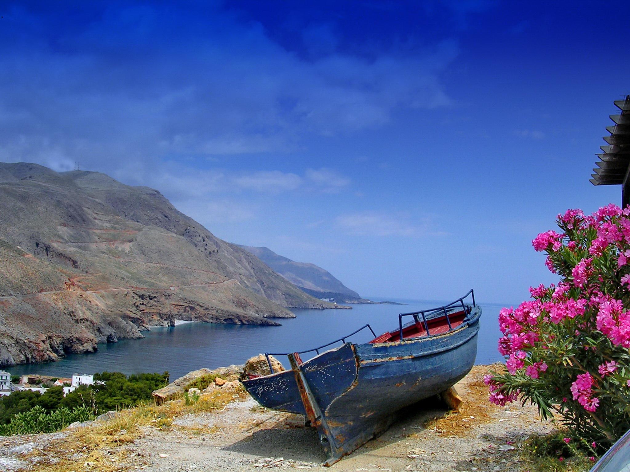 abandoned, riverbank, lake, lakeshore, 1080P, lovely, beautiful, flowers, nice, calm, shore, stones, boat, blue, HD Wallpaper