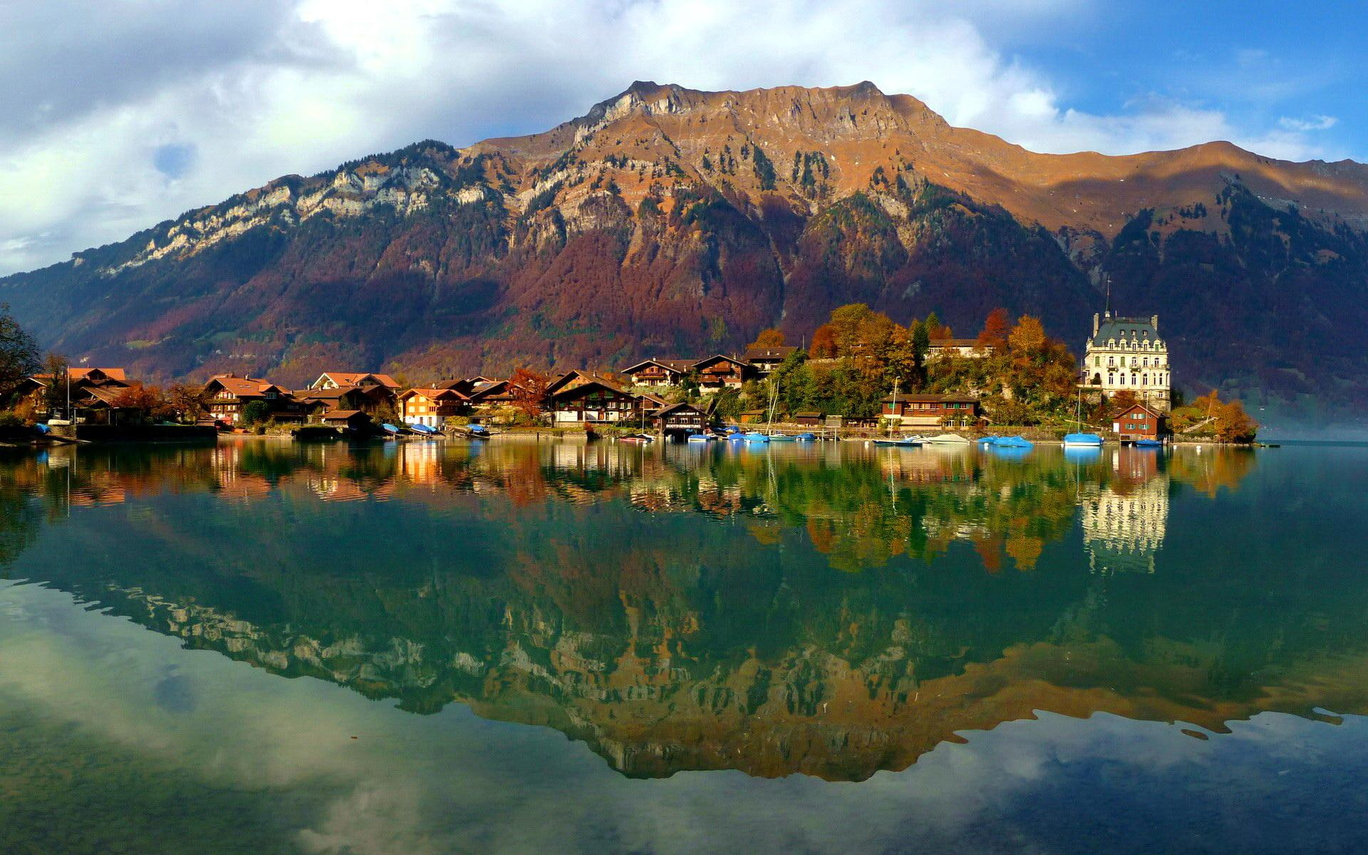 lake, view, village, clear, 1080P, mirrored, nice, shore, riverbank, crystal, lovely, dock, lakeshore, beautiful, HD Wallpaper