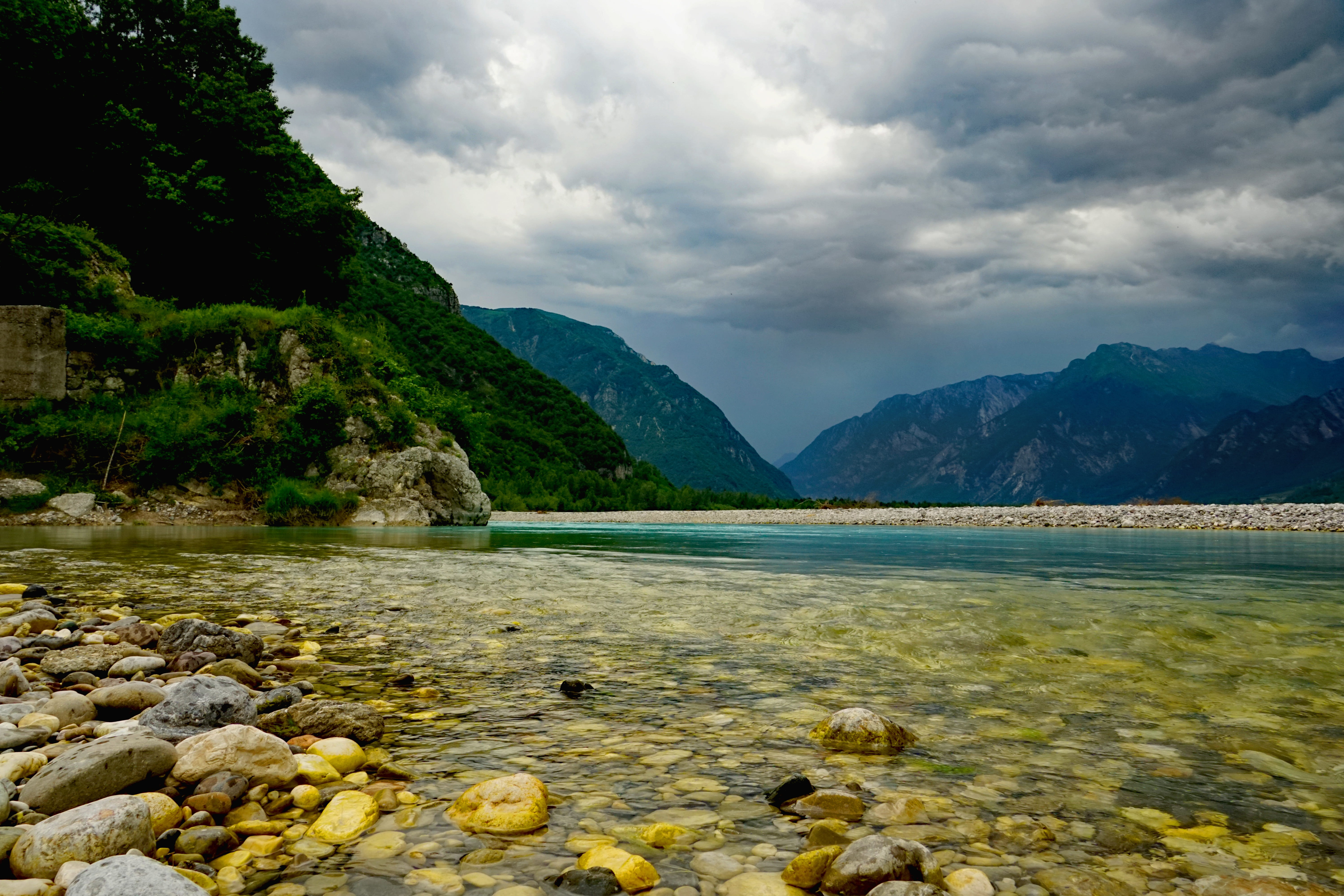 mountains, environment, beach, riverbank, solid, shallow, land, idyllic, pebble, beauty in nature, scenics - nature, thunderstorm, clouds, panorama, water, HD Wallpaper