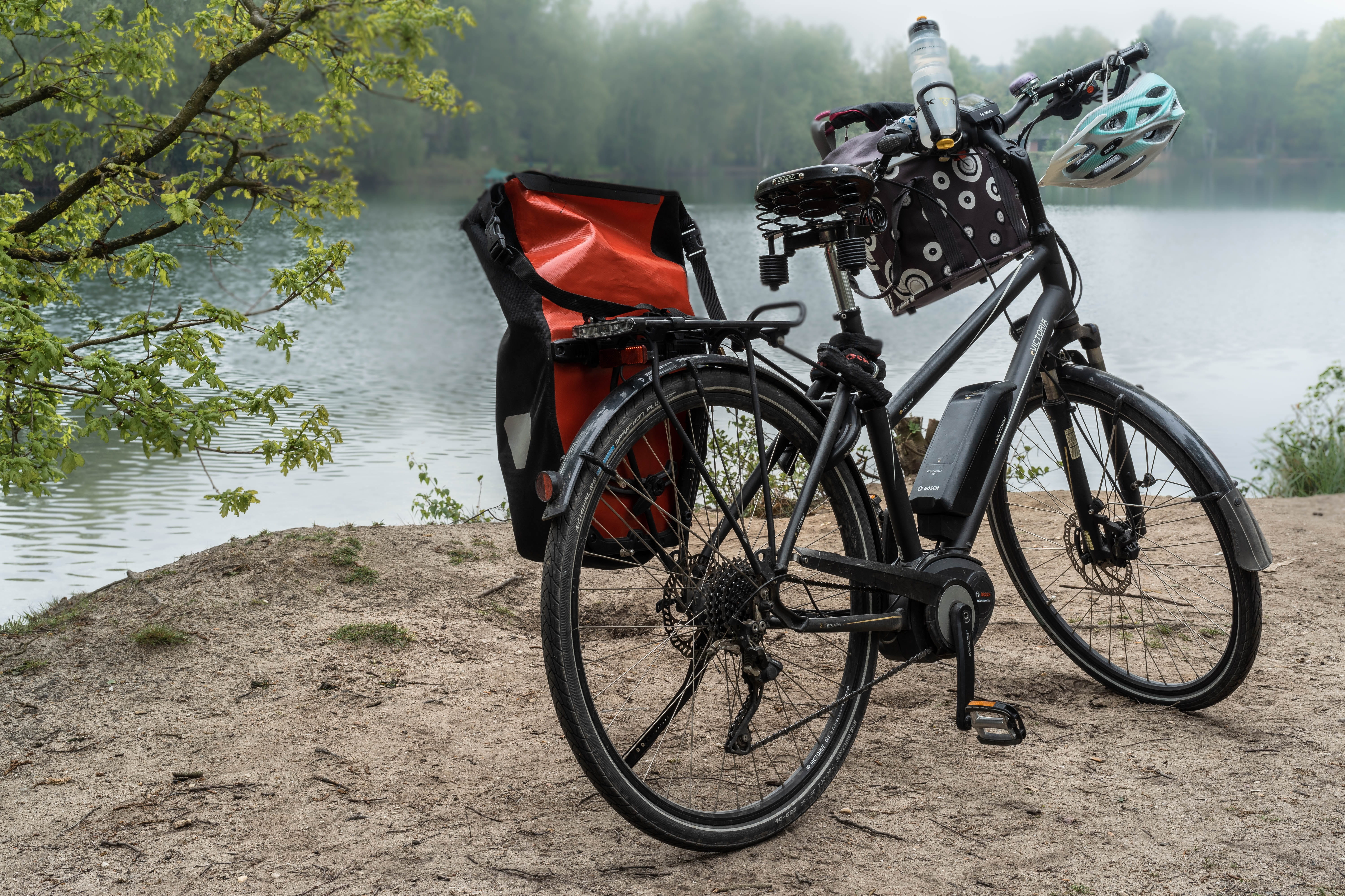 landscape, bike, non-urban scene, mode of transportation, day, land, bicycle tour, riverbank, river, wheel, parking, mood, fog, water, forest, no people, HD Wallpaper
