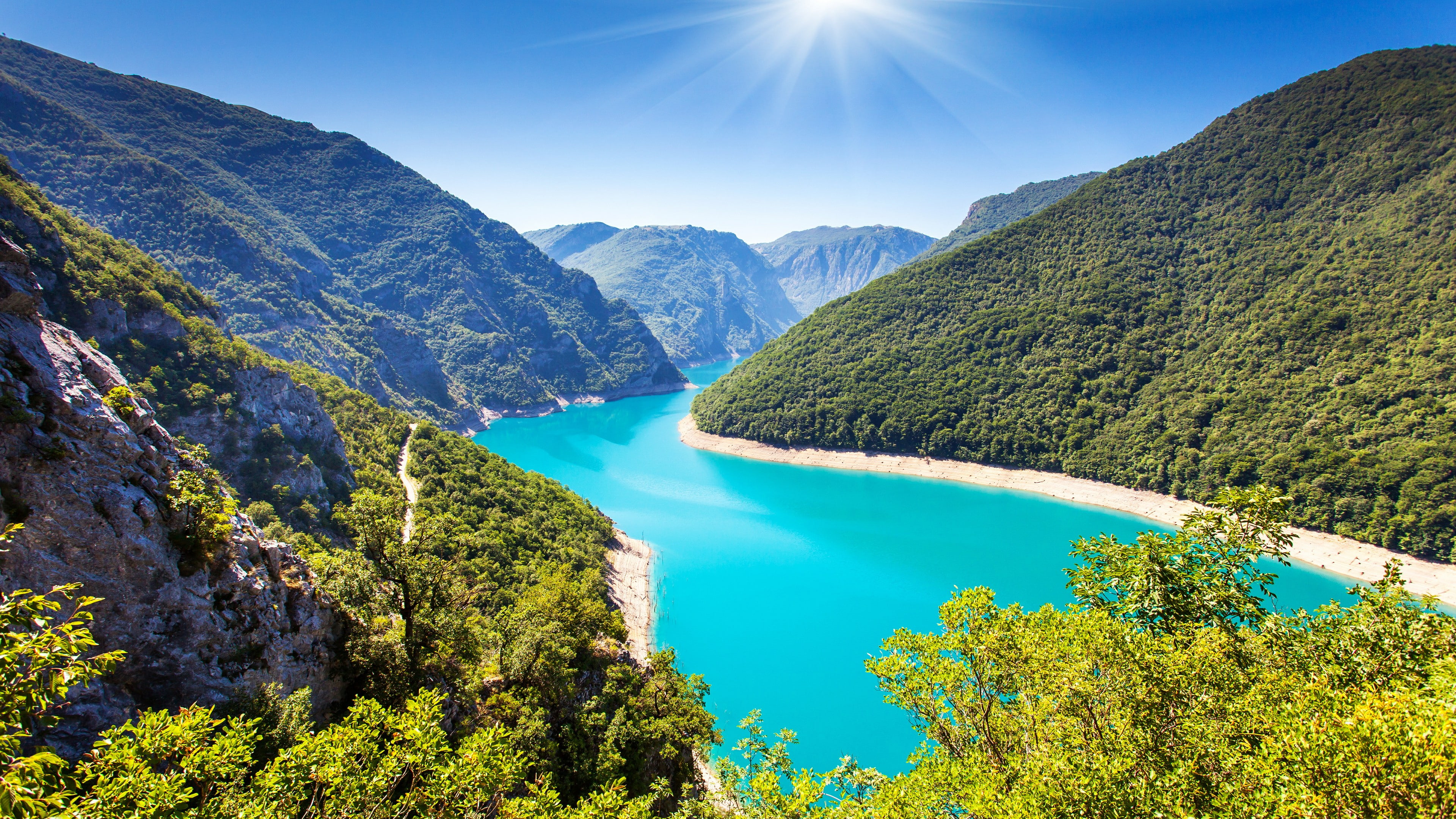 europe, reservoir, canyon, piva lake, piva canyon, sunshine, sunbeam, mountain, piva regional nature park, sky, bay, nature, nature park, rays, turquoise, HD Wallpaper