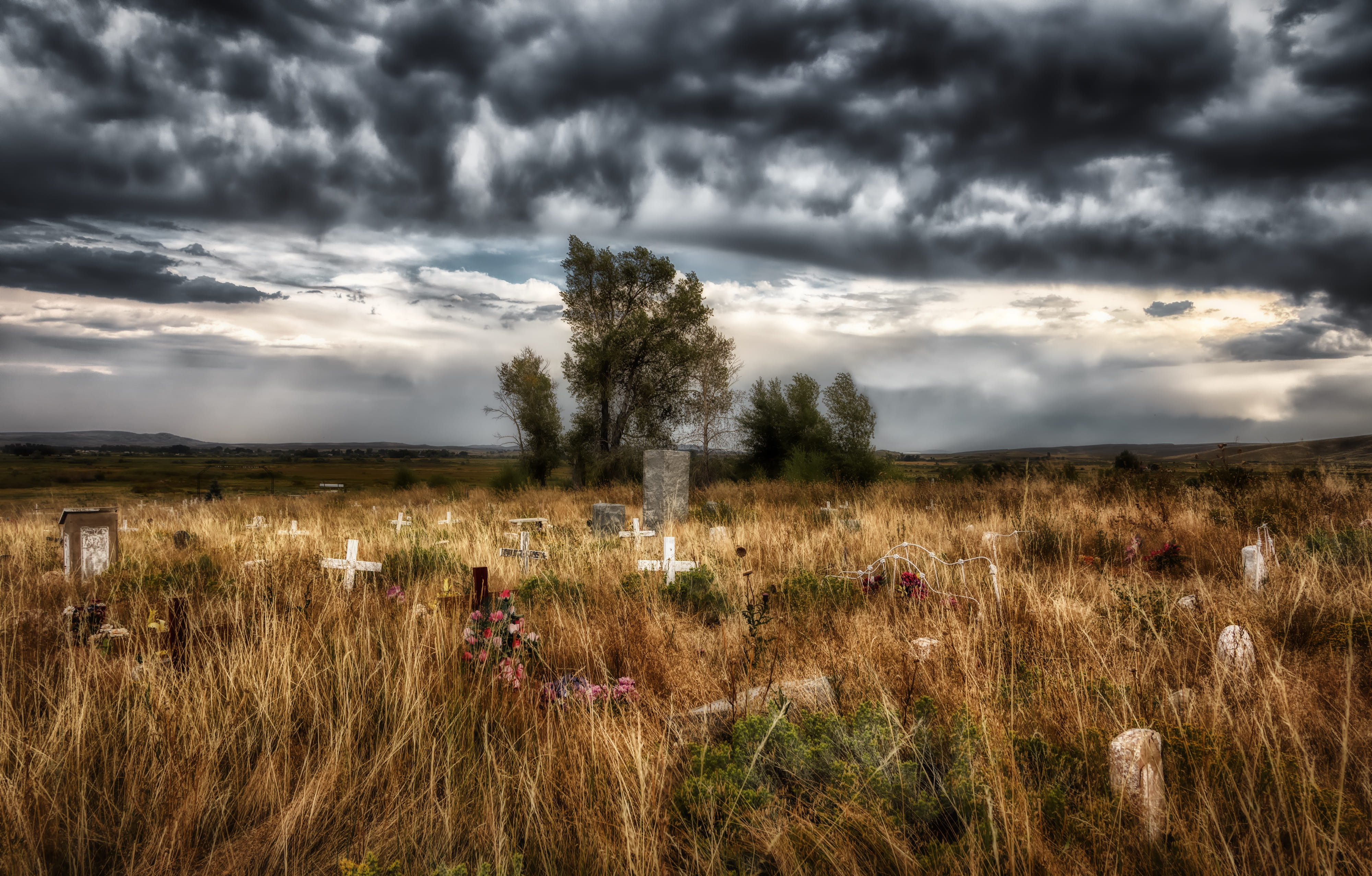 overcast, non-urban scene, landscape, cloud - sky, native americans, tranquility, nature, grass, tombstones, shoshone tribal cemetery, country, tranquil scene, HD Wallpaper