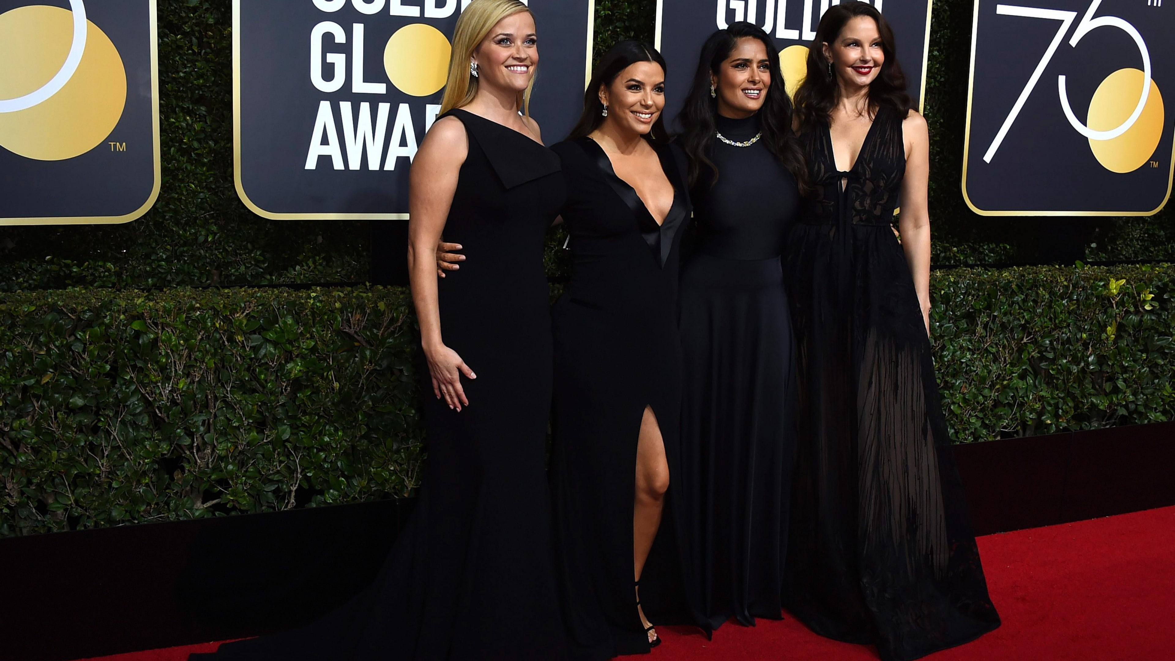 Golden Globes 2018, 4k, Reese Witherspoon, black, women, Salma Hayek, Eva Longoria, four, Ashley Judd, photo, 4K, dresses, s, HD Wallpaper