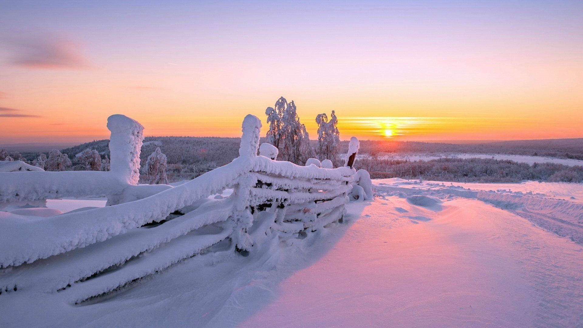 Snow, Fence, Landscape, 1080P, Winter, Wood, Sunrise, White, HD Wallpaper