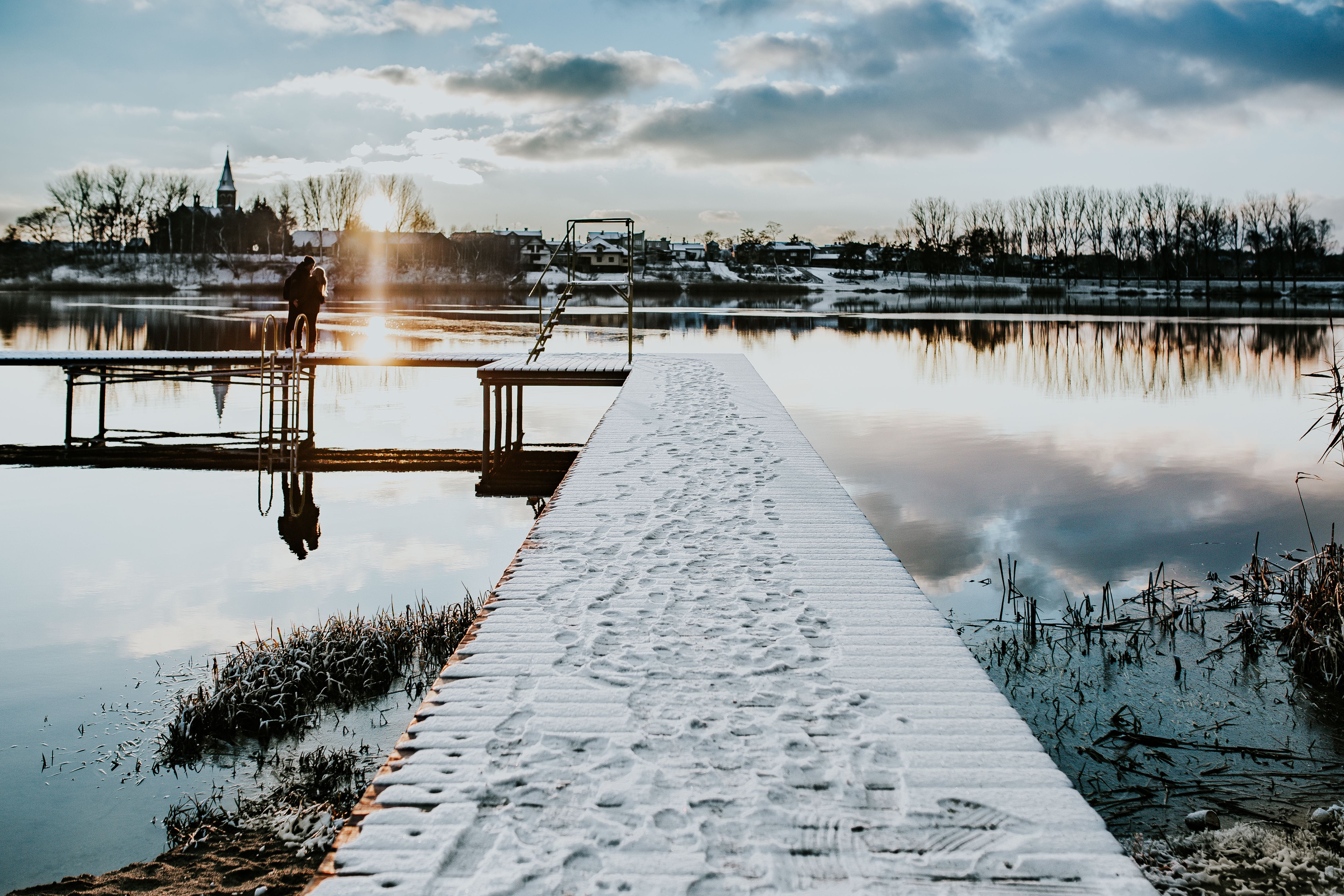 asia, water, plant, nature, cold temperature, Winter, tranquility, lake, river, walk, wooden, beauty in nature, 5K, cloud - sky, frozen, tranquil scene, HD Wallpaper
