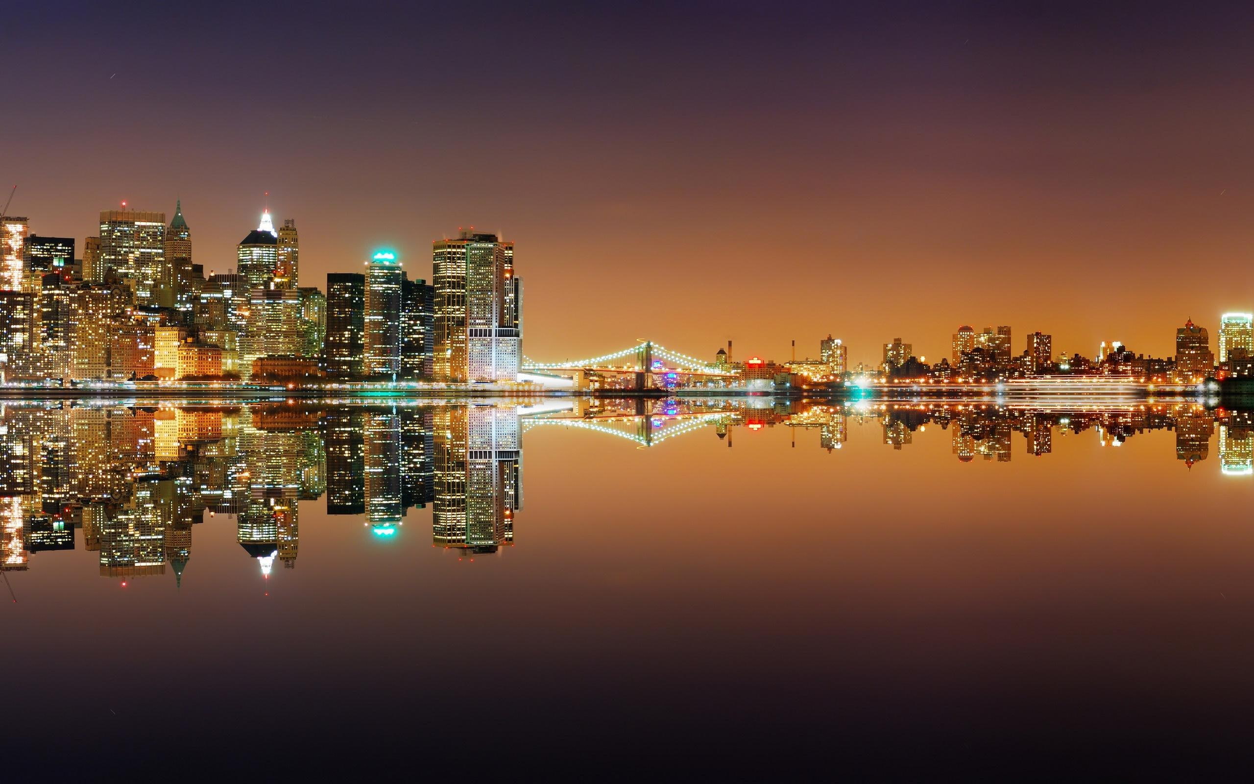 lights, architecture, reflection, anima, city, lake, night, skyscrapers, beautiful, bridge, 2K, buildings, HD Wallpaper