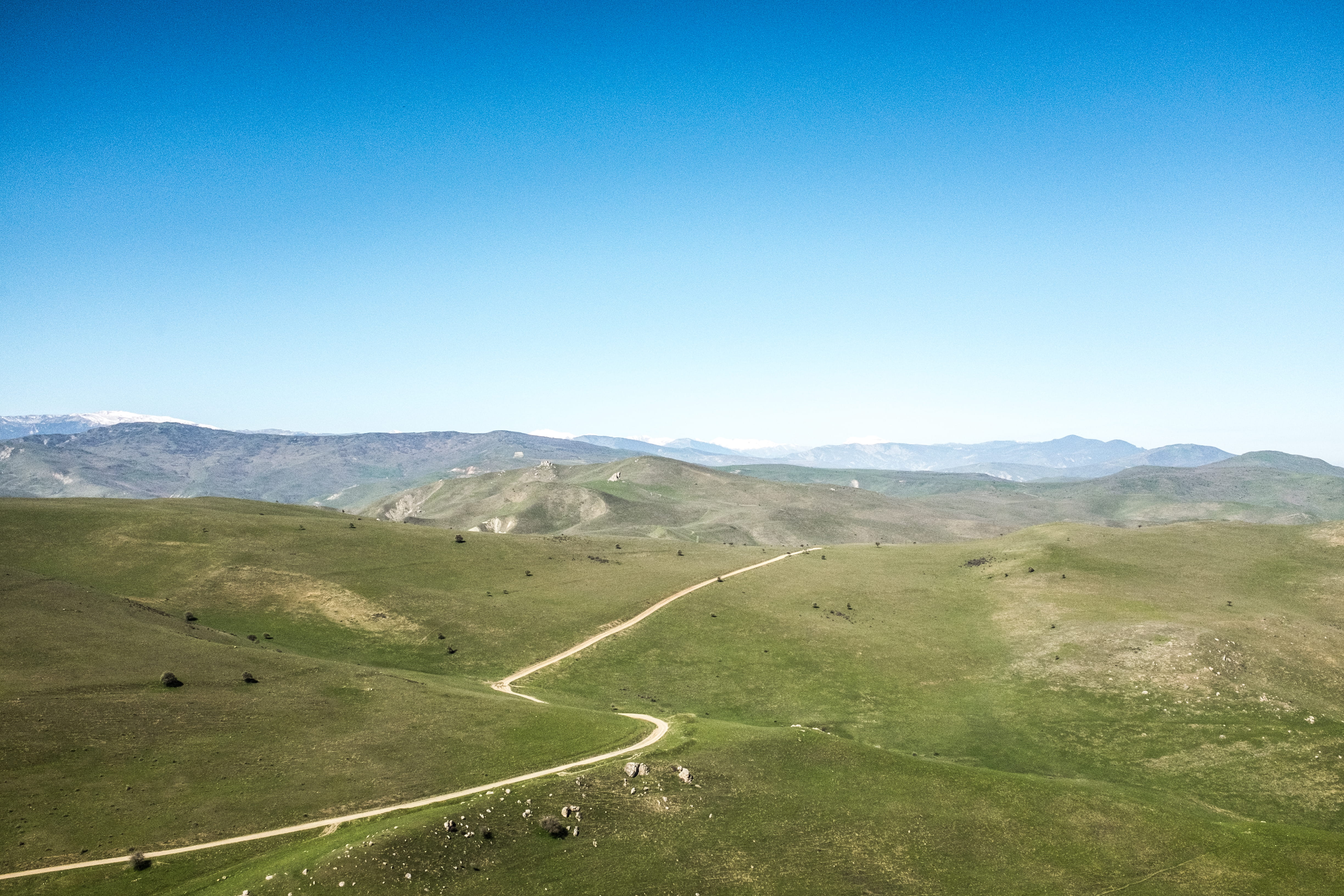 sky, mountains, scenics - nature, transportation, wide, tundra, grasslands, mountain, environment, outdoors, view, aserbaidschan, day, tranquil scene, long road, HD Wallpaper