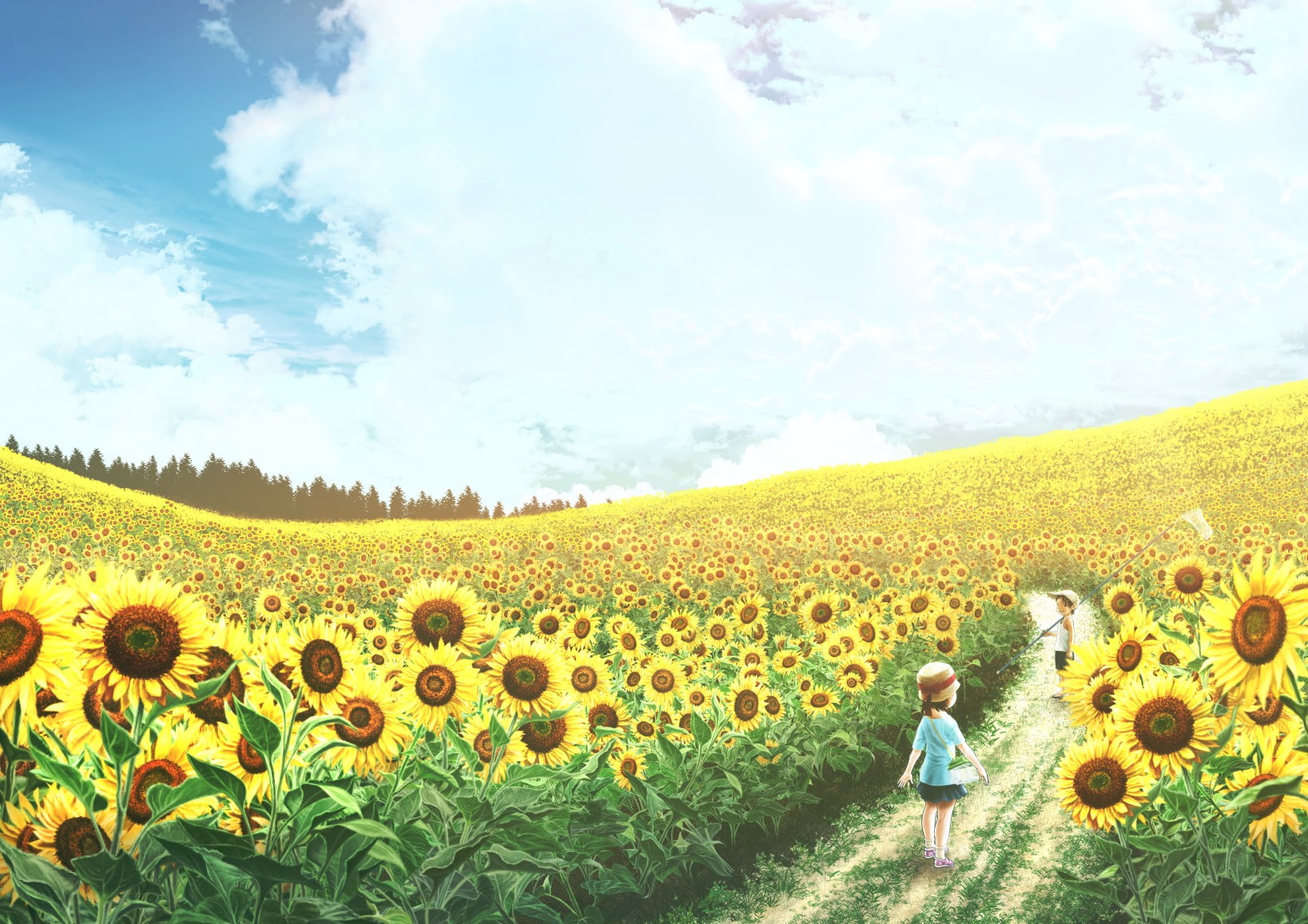 nature, growth, cloud - sky, land, flower head, 720P, leisure activity, farm, sunflower, real people, day, plant, one person, landscape, agriculture, rural scene, HD Wallpaper