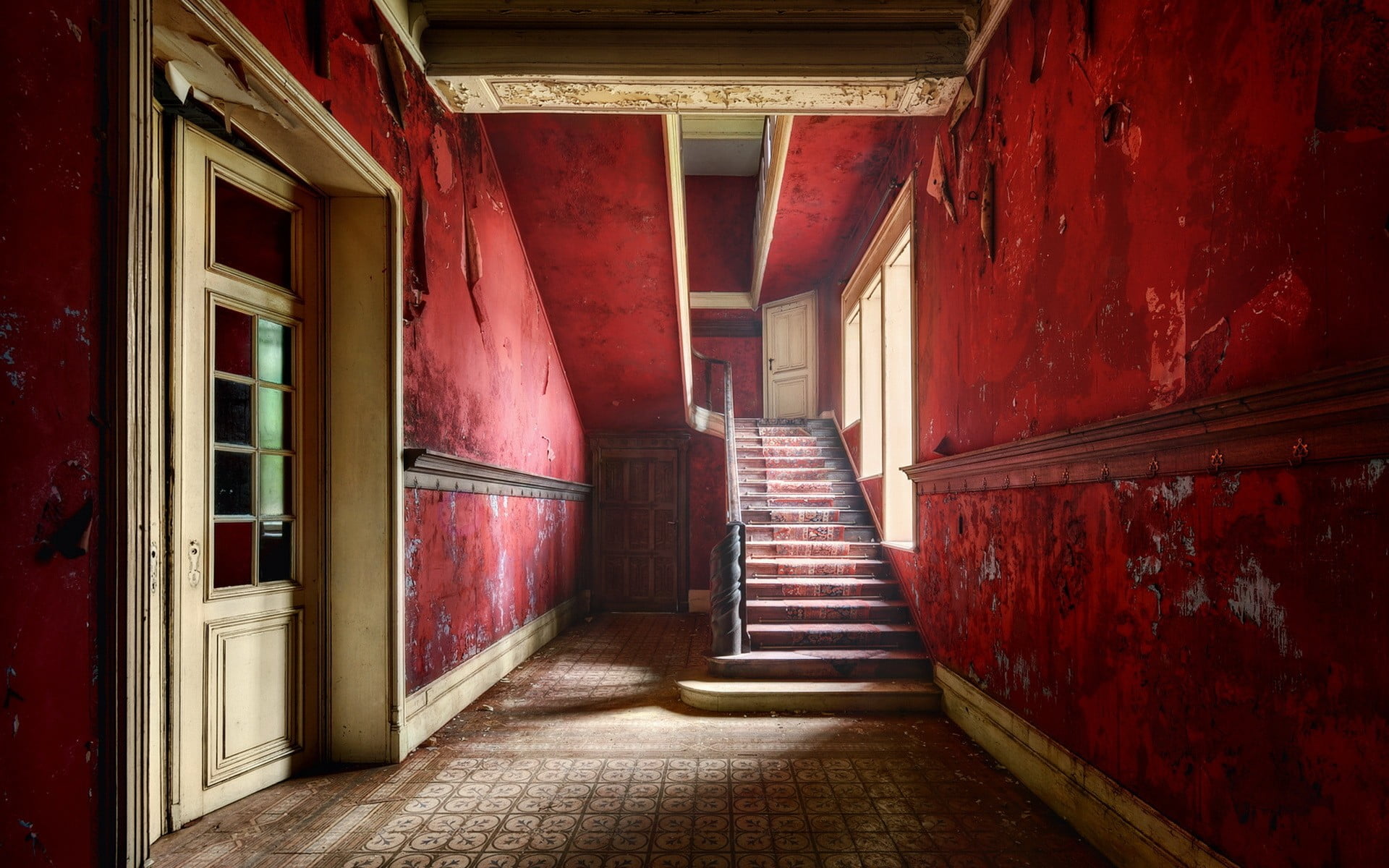 no people, direction, the way forward, 1080P, house, absence, building, interior, day, stairs, entrance, brown, room, empty, railing, built structure, HD Wallpaper