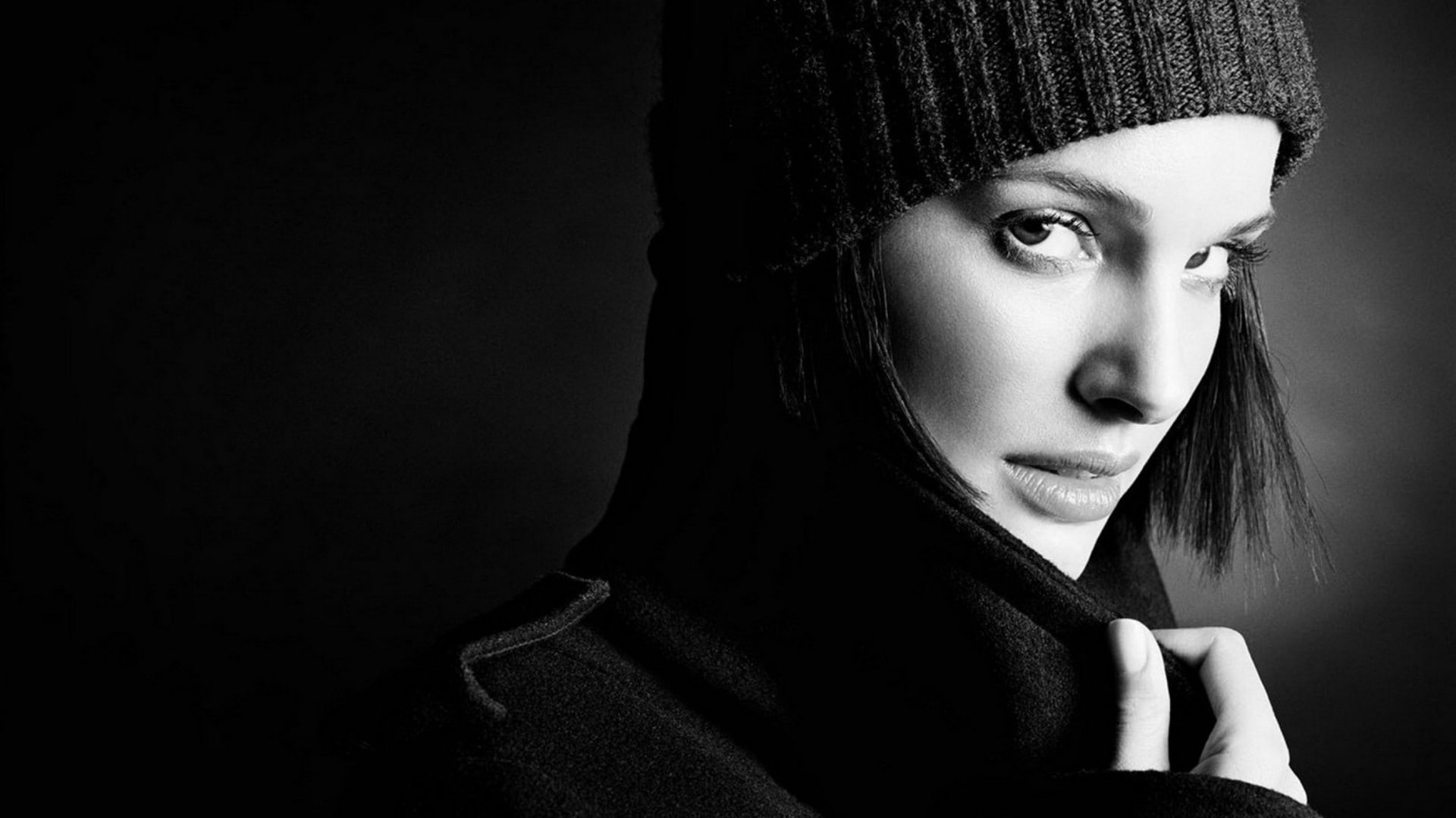 black coat, Natalie Portman, monochrome, actress, 1080P, HD Wallpaper