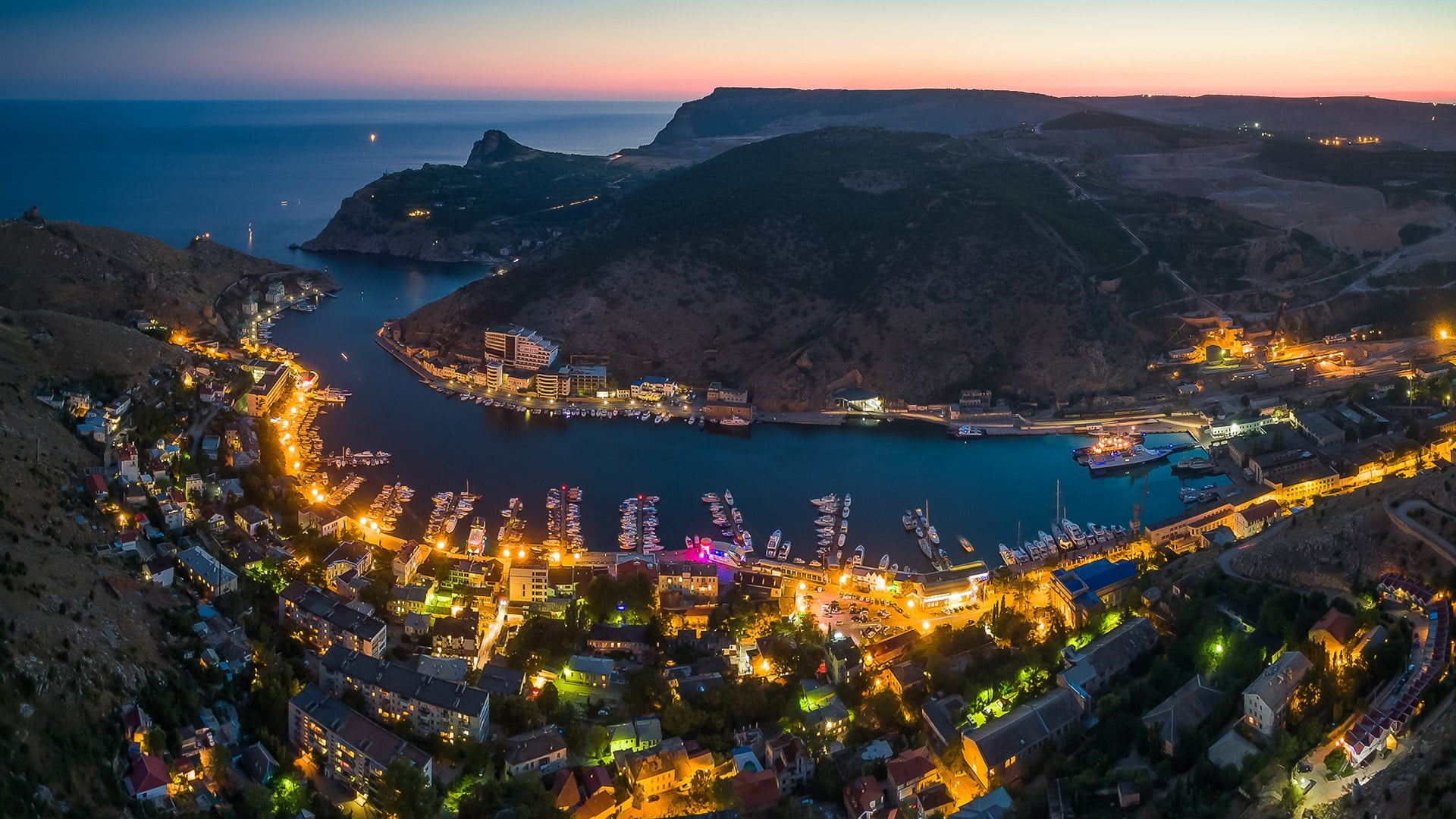 beach, scenics - nature, building exterior, illuminated, 1080P, dusk, evening, sevastopol bay, environment, black sea, outdoors, aerial photography, city, HD Wallpaper