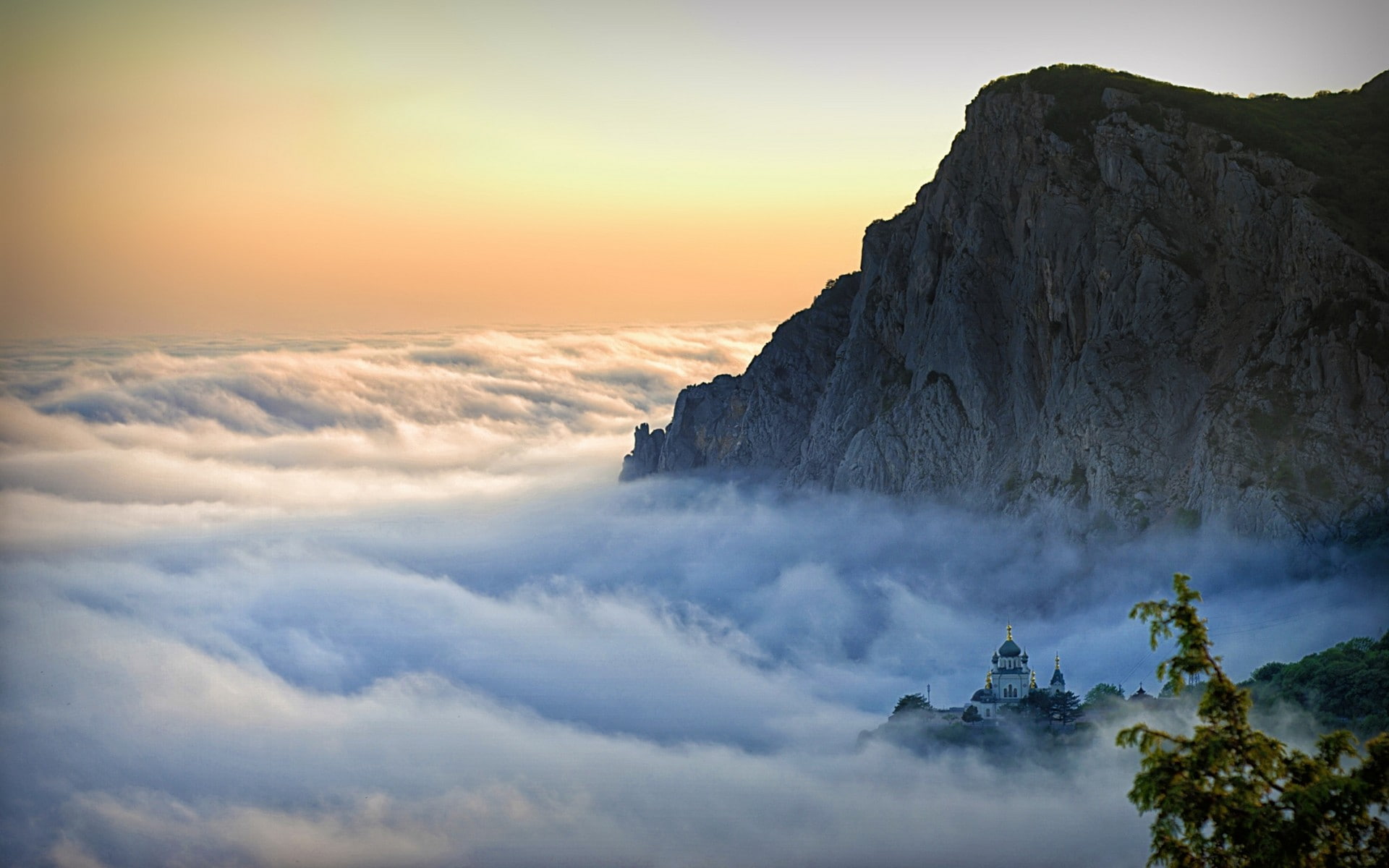 mist, nature, sunset, spring, hills, trees, church, Crimea, 1080P, cliff, landscape, HD Wallpaper
