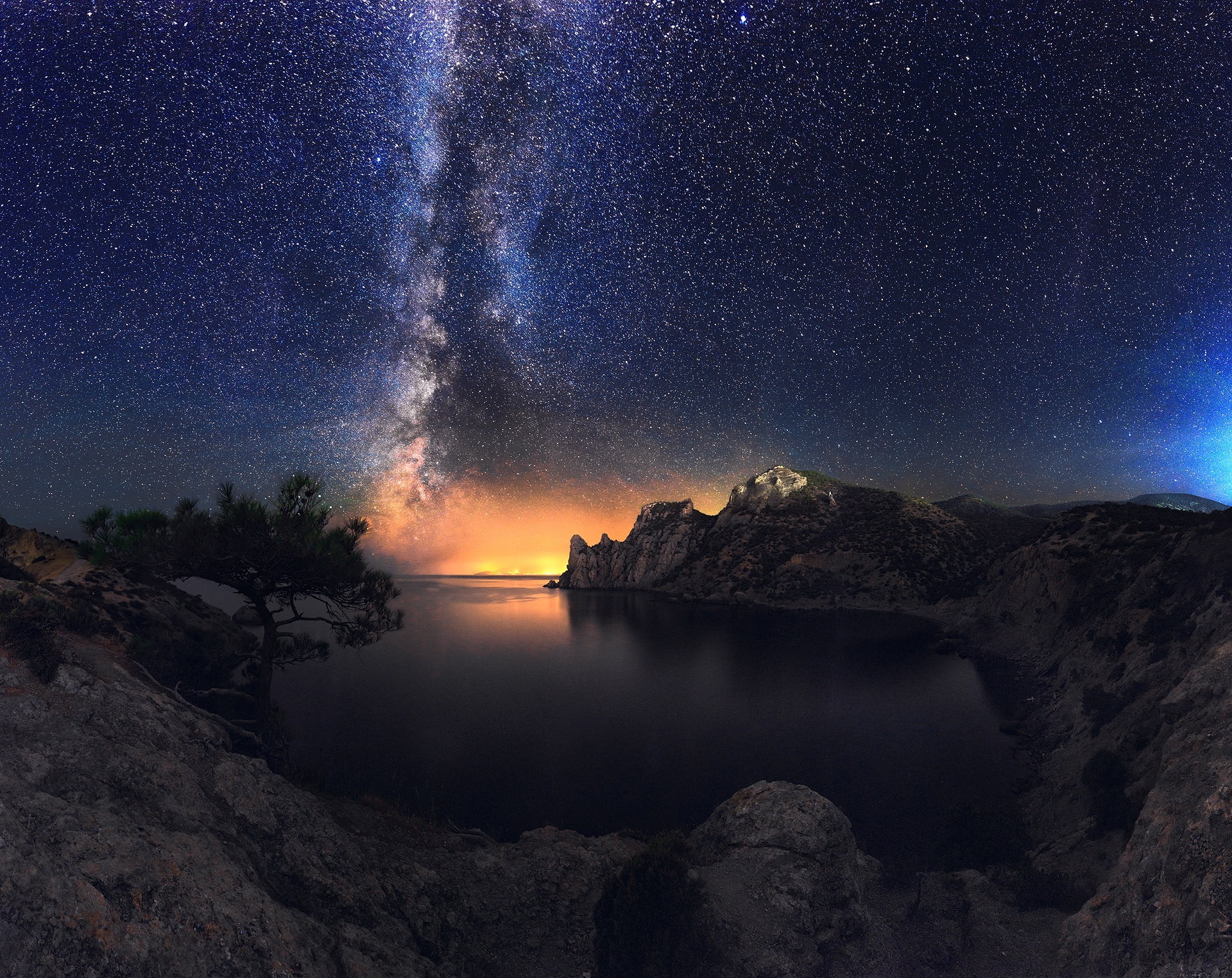 landscape, mountains, nature, Crimea, stars, trees, Ukraine, Russia, rocks, night sky, sea, 1080P, Milky Way, bay, HD Wallpaper